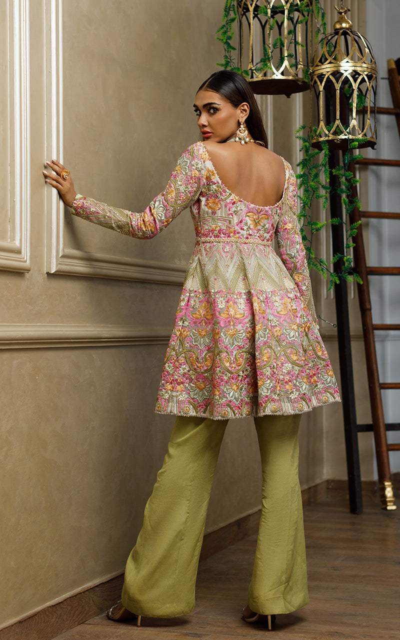 Pakistani Green Embroidered Organza Peplum Dress (2-Piece) - Image 4
