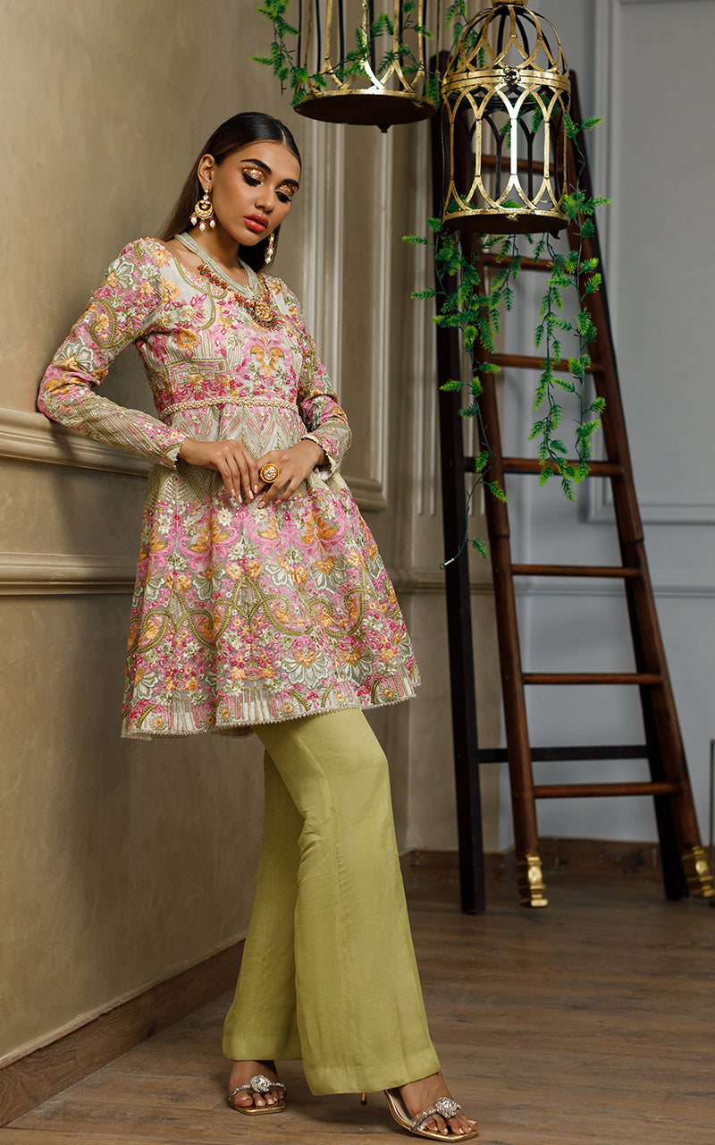 Pakistani Green Embroidered Organza Peplum Dress (2-Piece) - Image 5