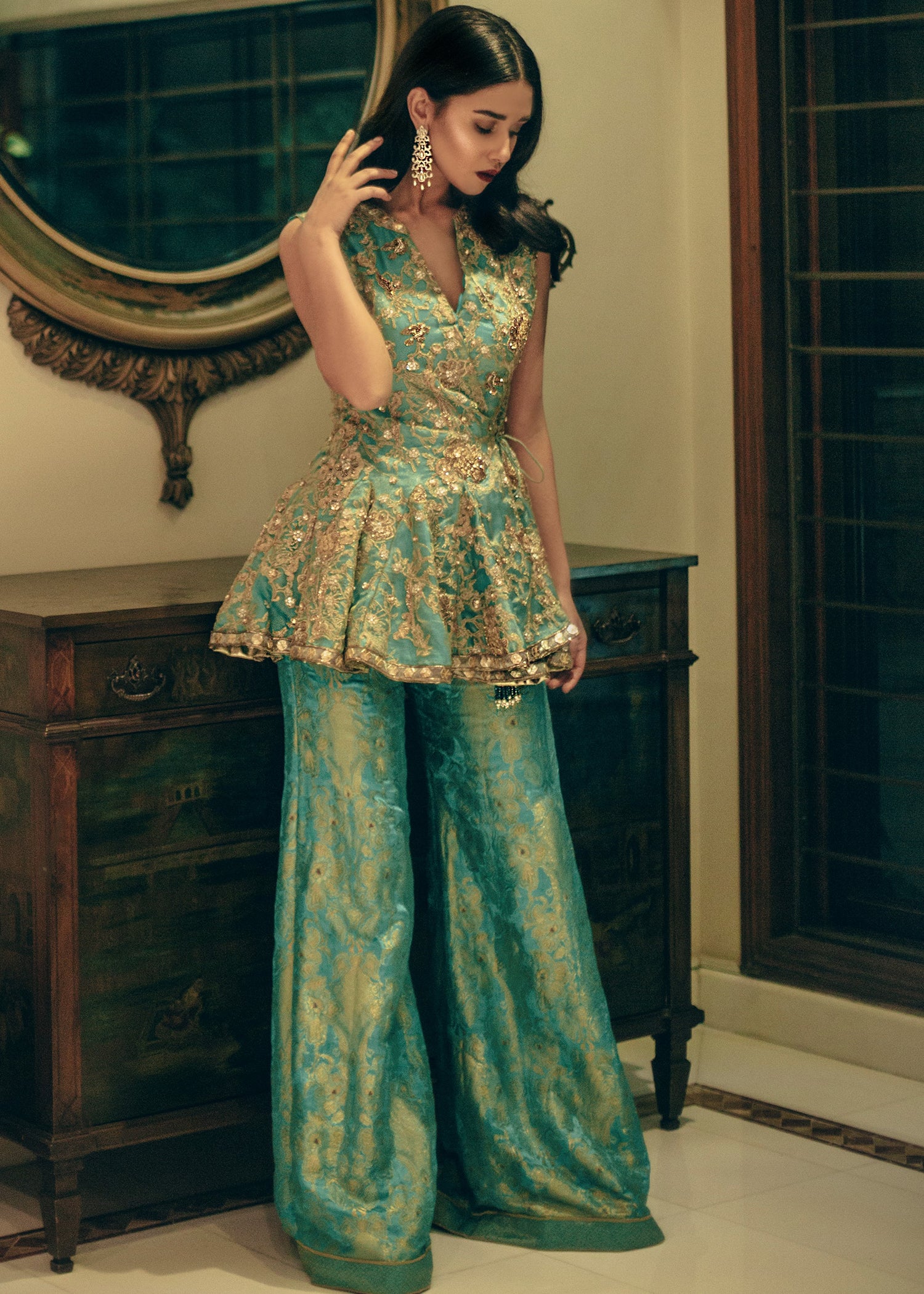 Pakistani Sea Green Embroidered Tissue & Brocade Peplum (2-Piece) - Image 2