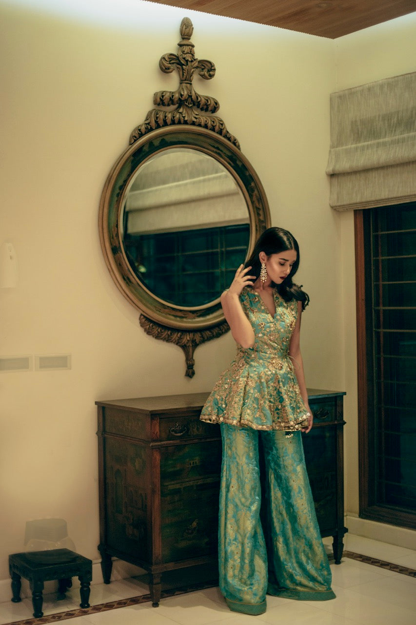 Pakistani Sea Green Embroidered Tissue & Brocade Peplum (2-Piece) - Image 3