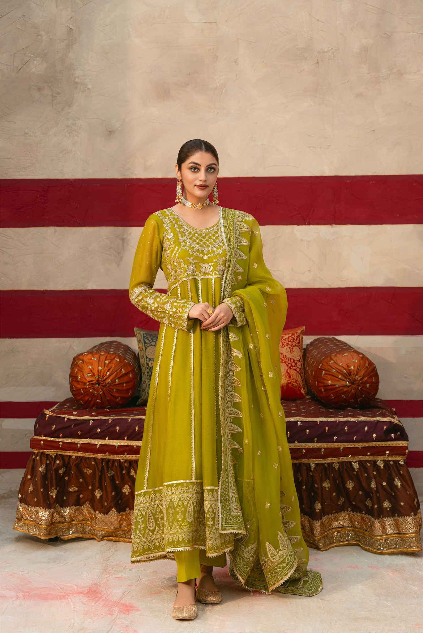 Mehndi Green Zari Embroidered Cotton Net Pishwas (3-Piece) - Image 2