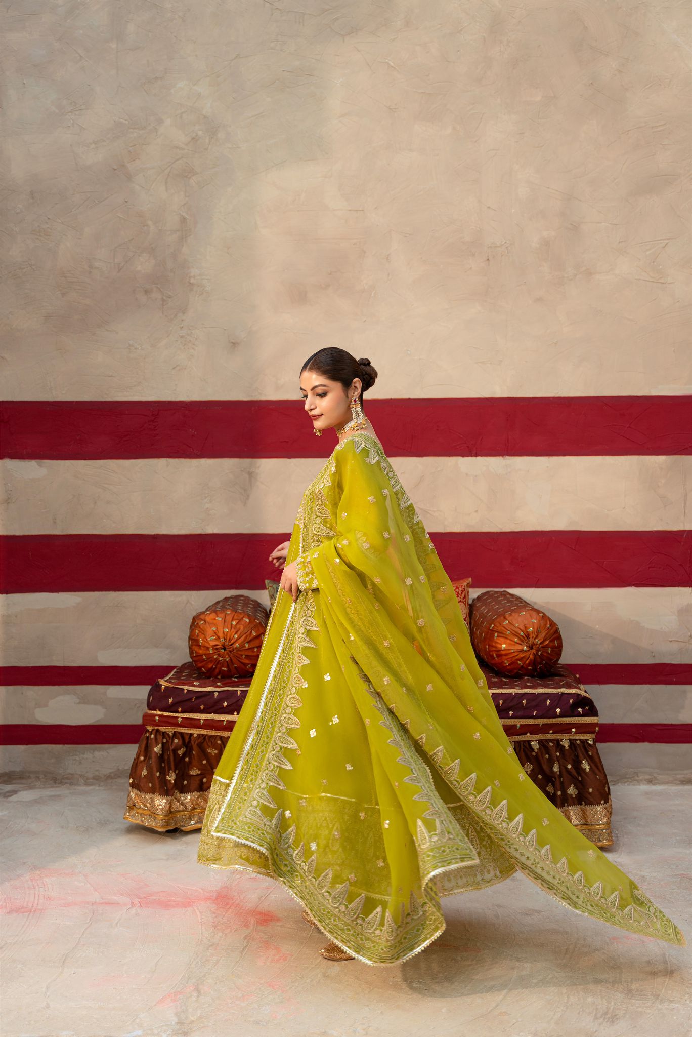 Mehndi Green Zari Embroidered Cotton Net Pishwas (3-Piece) - Image 5