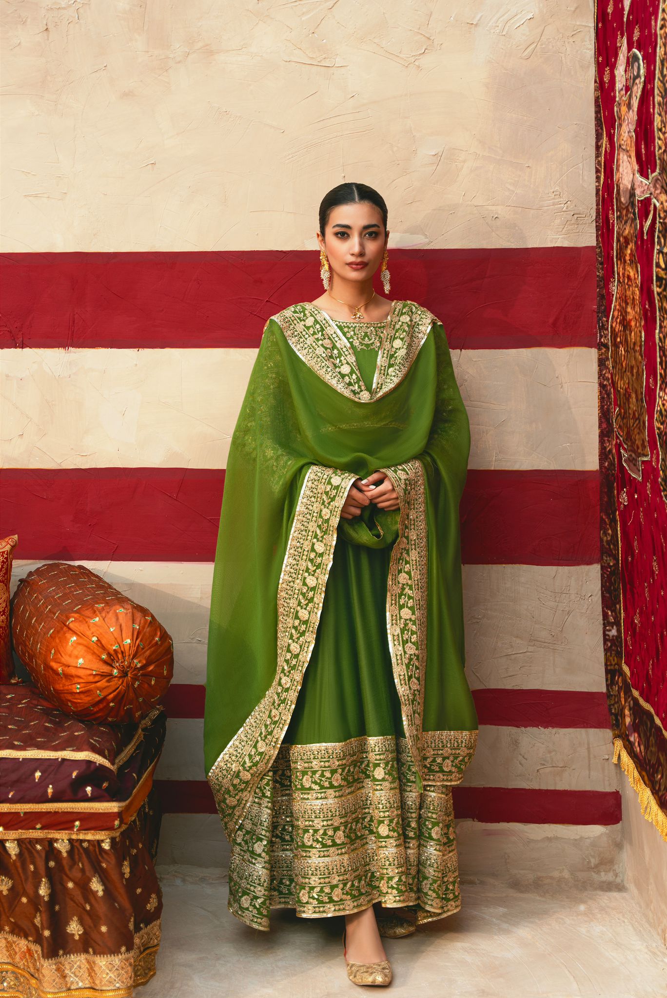 Mehndi Green Zari Embroidered Cotton Net Pishwas (3-Piece) - Image 1