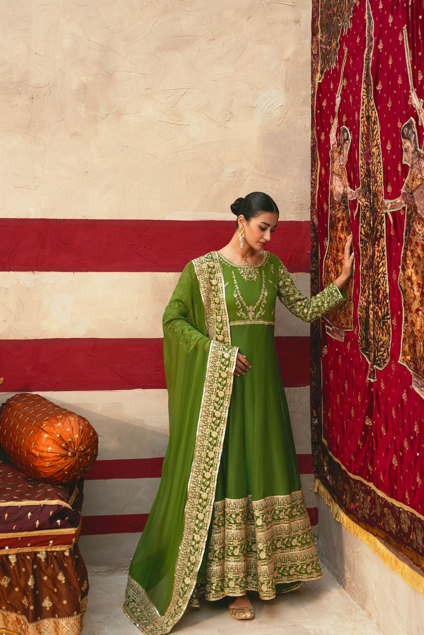 Mehndi Green Zari Embroidered Cotton Net Pishwas (3-Piece) - Image 2