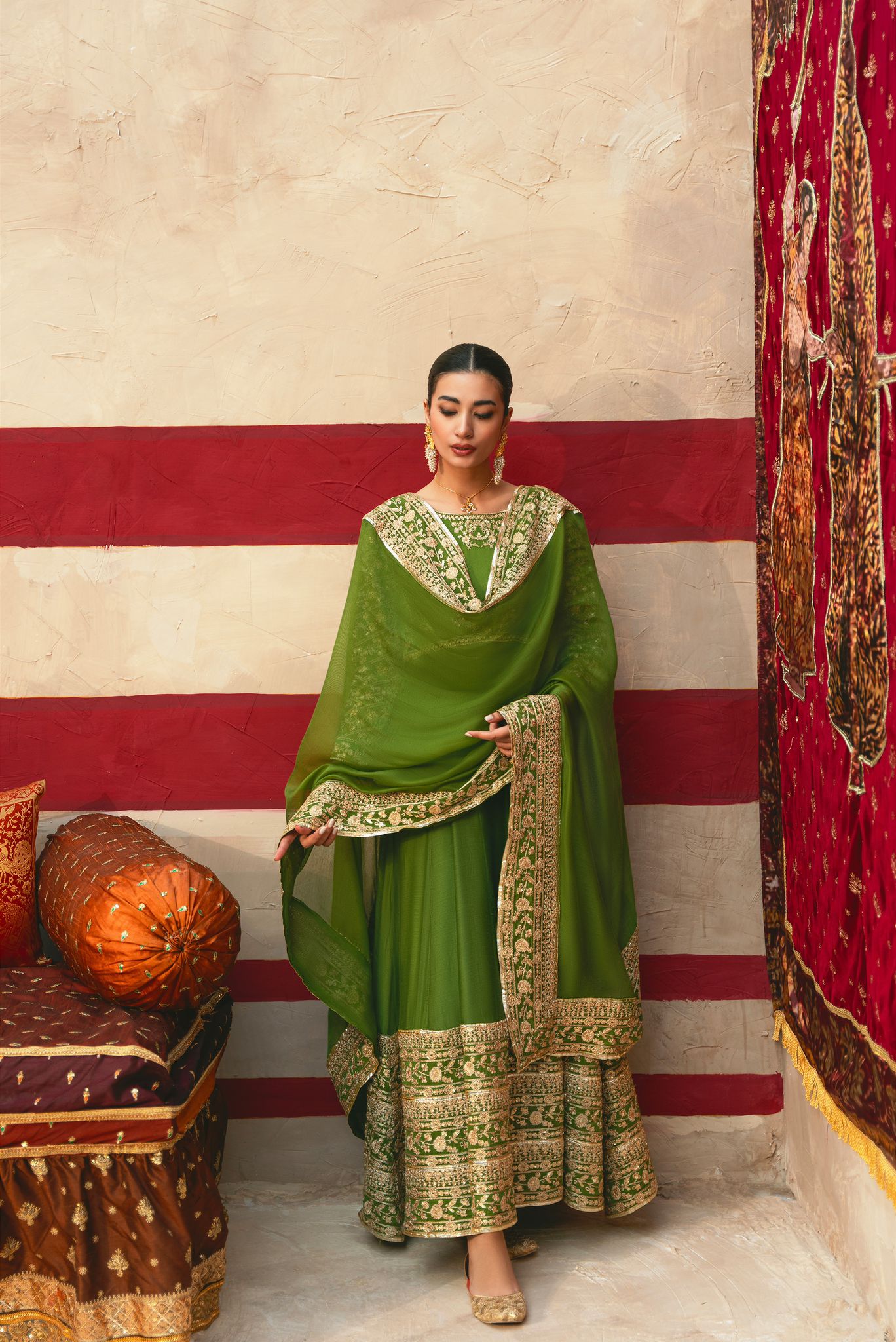 Mehndi Green Zari Embroidered Cotton Net Pishwas (3-Piece) - Image 3