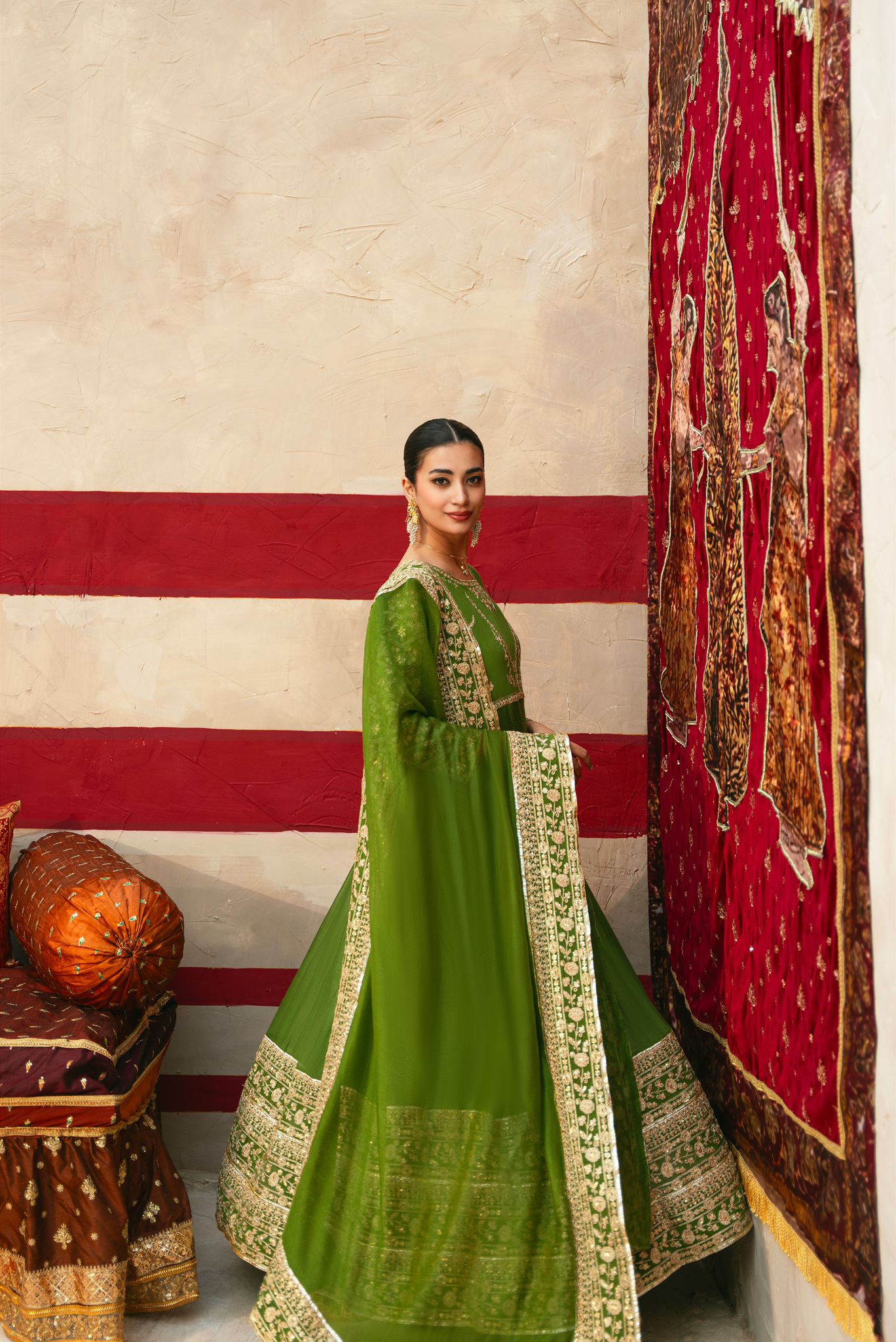 Mehndi Green Zari Embroidered Cotton Net Pishwas (3-Piece) - Image 4