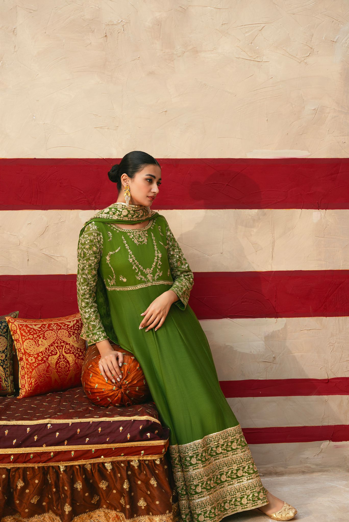 Mehndi Green Zari Embroidered Cotton Net Pishwas (3-Piece) - Image 5