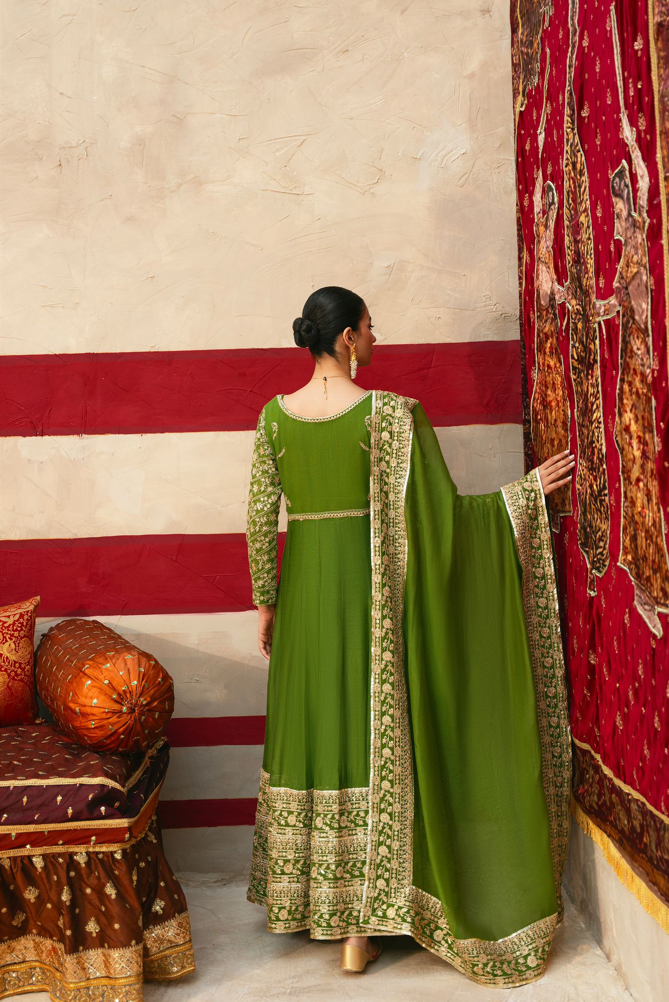 Mehndi Green Zari Embroidered Cotton Net Pishwas (3-Piece) - Image 6