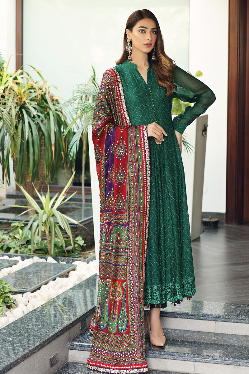 Pakistani Bottle Green Kaamdani Pishwas Dress (3-Piece) - Image 1