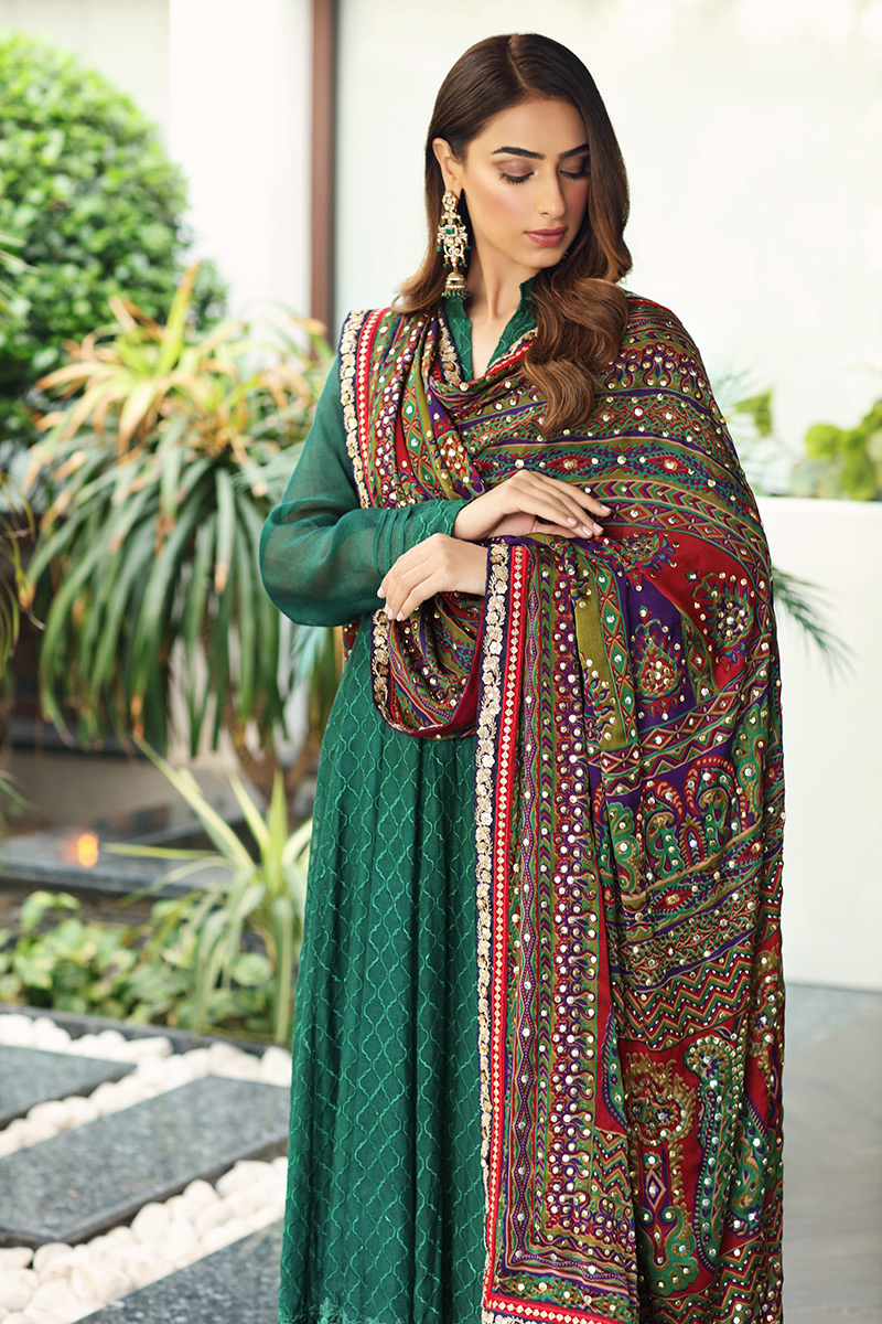 Pakistani Bottle Green Kaamdani Pishwas Dress (3-Piece) - Image 2