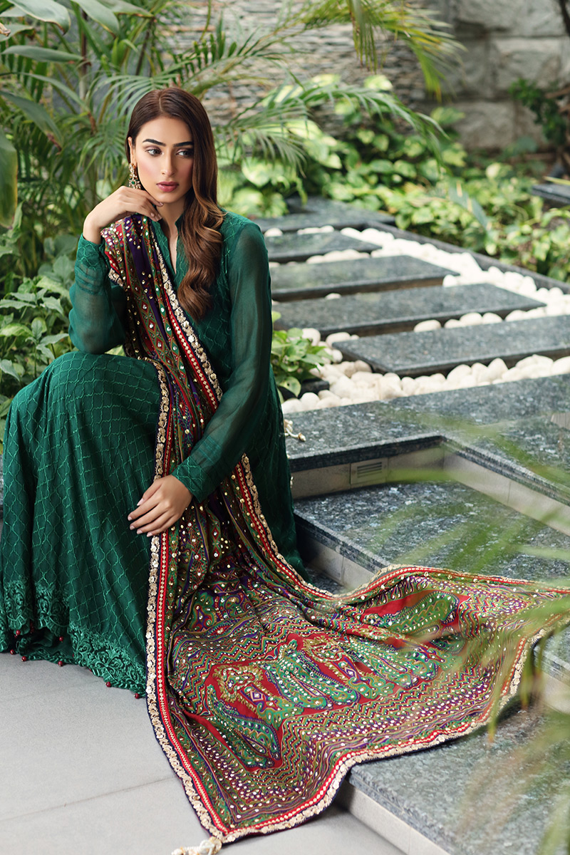 Pakistani Bottle Green Kaamdani Pishwas Dress (3-Piece) - Image 3