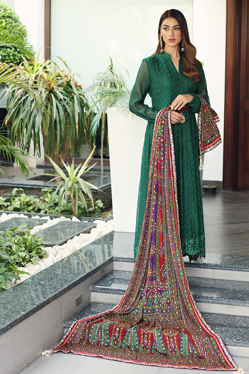 Pakistani Bottle Green Kaamdani Pishwas Dress (3-Piece) - Image 4