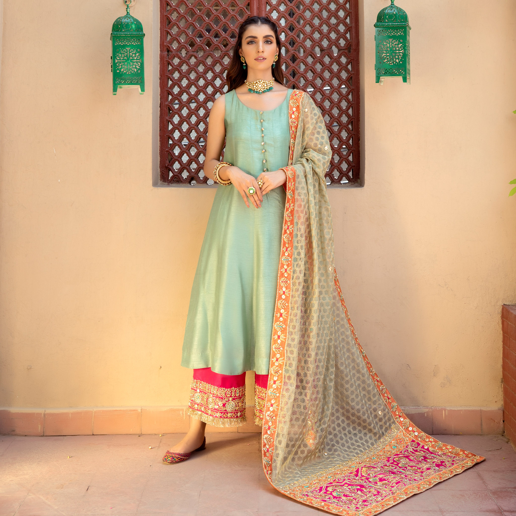 Mint Embroidered Korean Silk Pishwas Dress (3-Piece) - Image 1