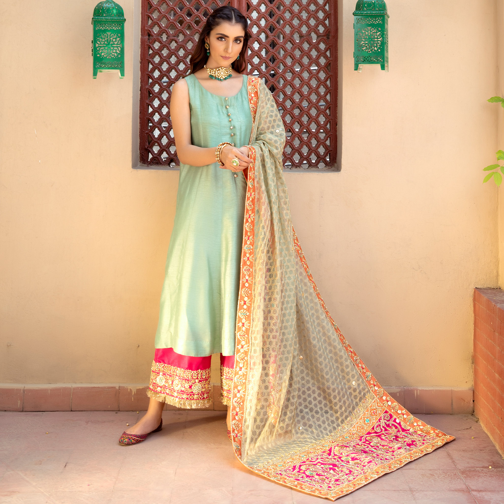 Mint Embroidered Korean Silk Pishwas Dress (3-Piece) - Image 2