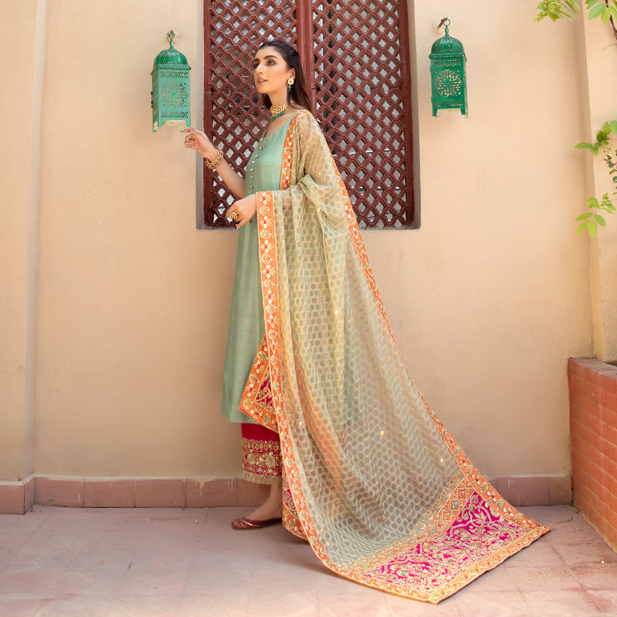 Mint Embroidered Korean Silk Pishwas Dress (3-Piece) - Image 3