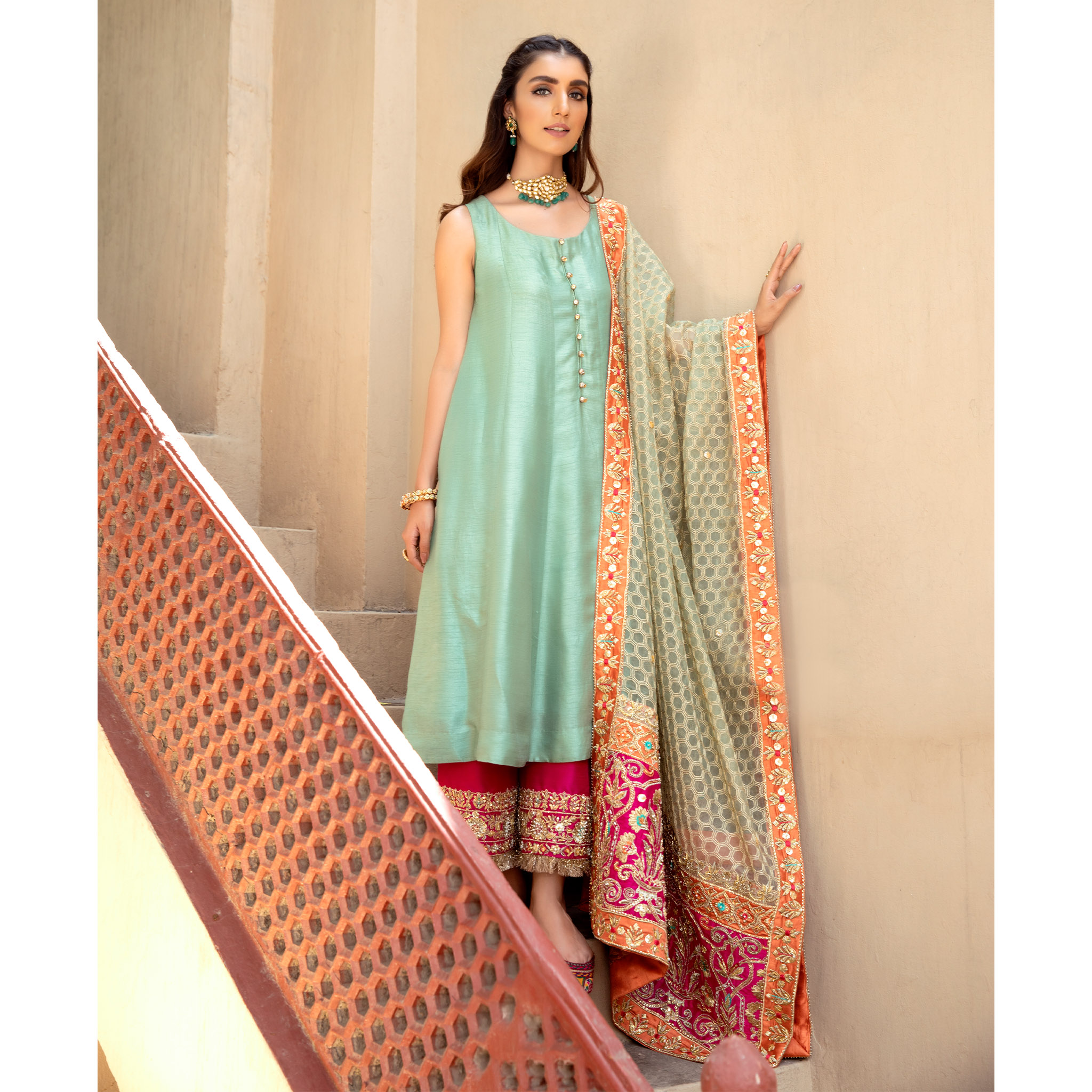 Mint Embroidered Korean Silk Pishwas Dress (3-Piece) - Image 4