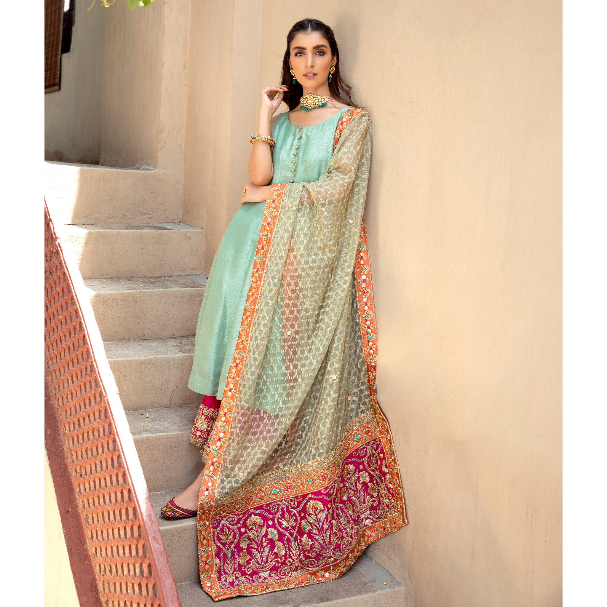 Mint Embroidered Korean Silk Pishwas Dress (3-Piece) - Image 5