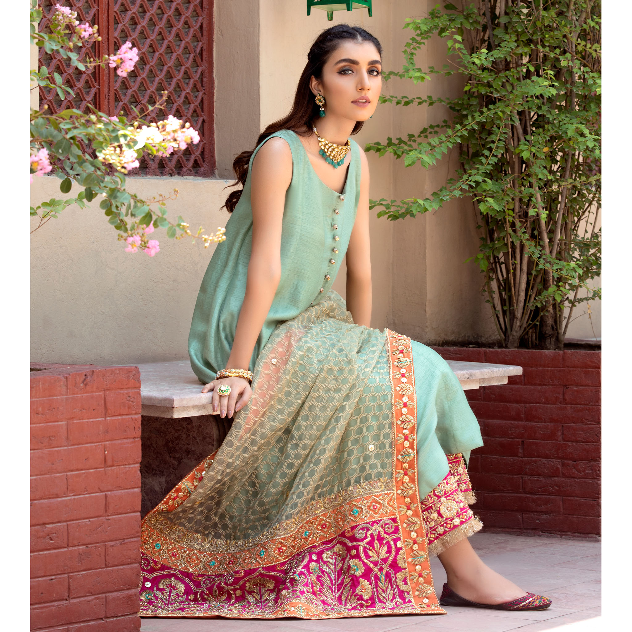 Mint Embroidered Korean Silk Pishwas Dress (3-Piece) - Image 6