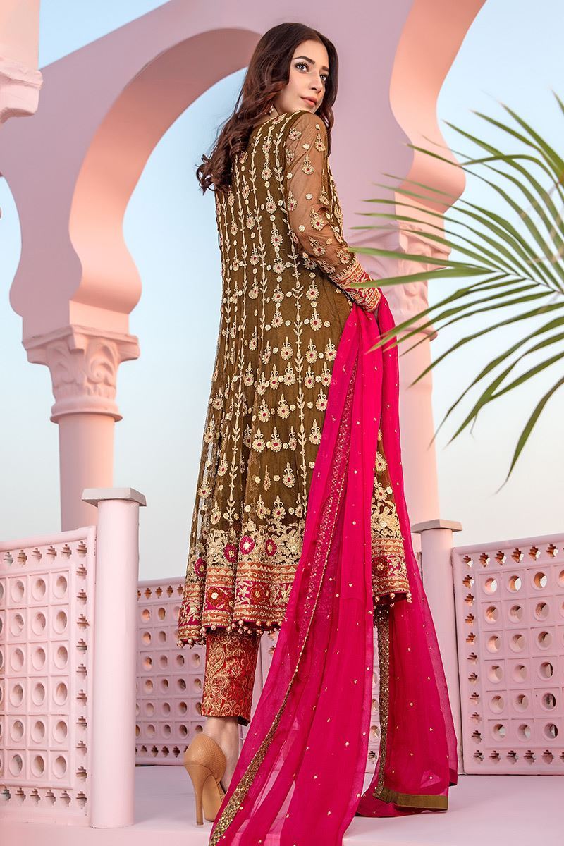 Mehndi Green Aari & Gota Net Pishwas (3-Piece) - Image 3