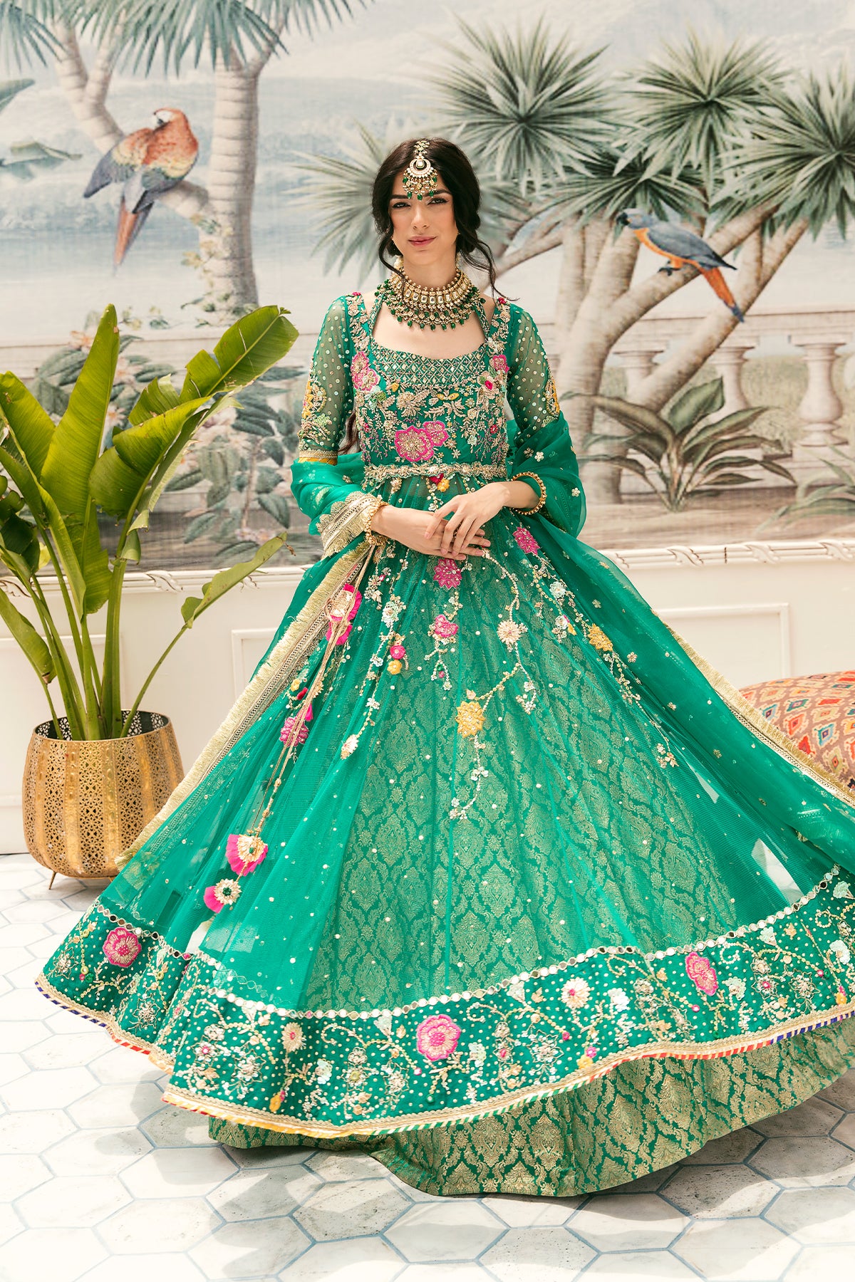 Emerald Green Embroidered Net Pishwas Dress (3-Piece) - Image 1