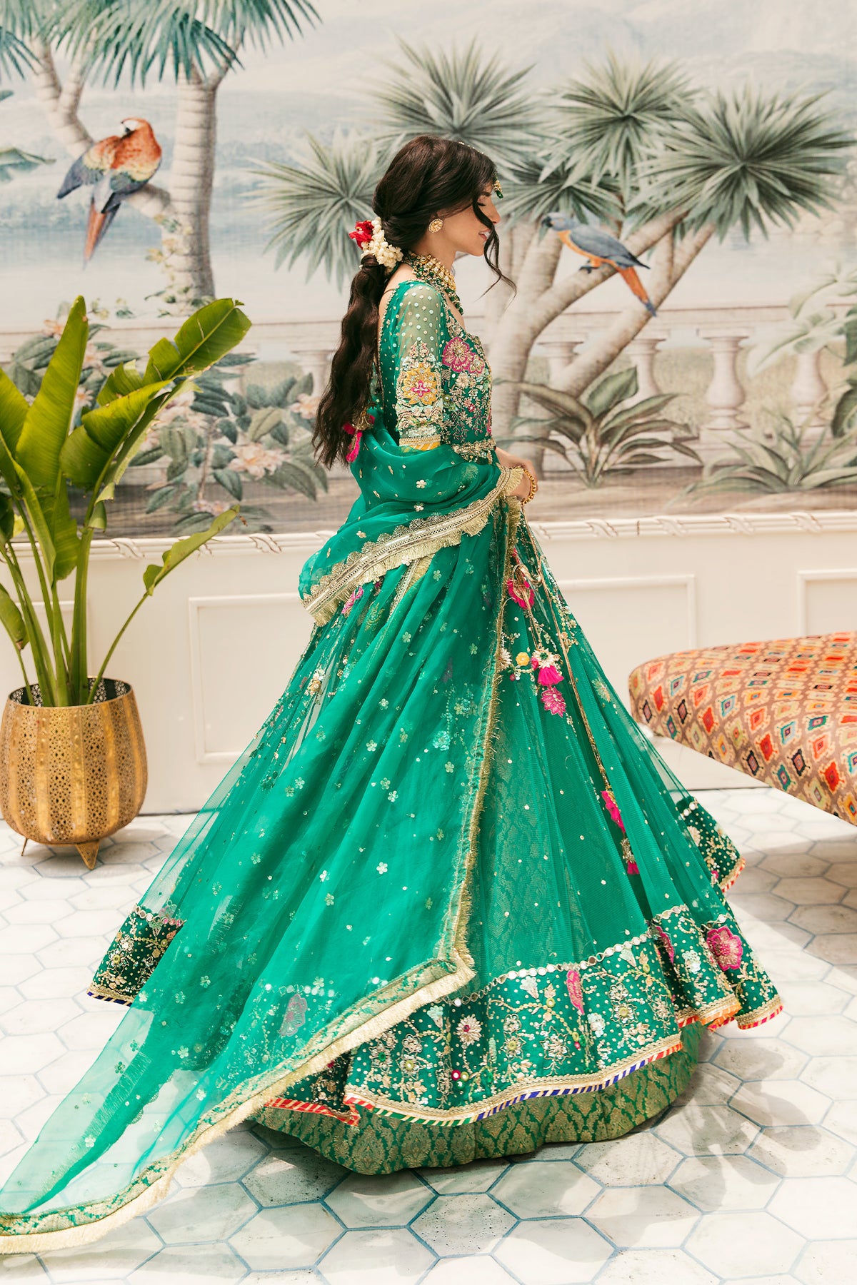Emerald Green Embroidered Net Pishwas Dress (3-Piece) - Image 2