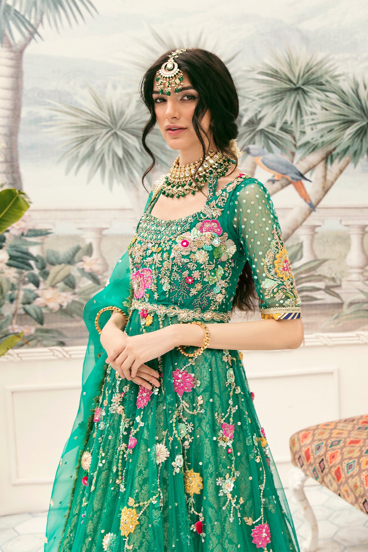 Emerald Green Embroidered Net Pishwas Dress (3-Piece) - Image 3