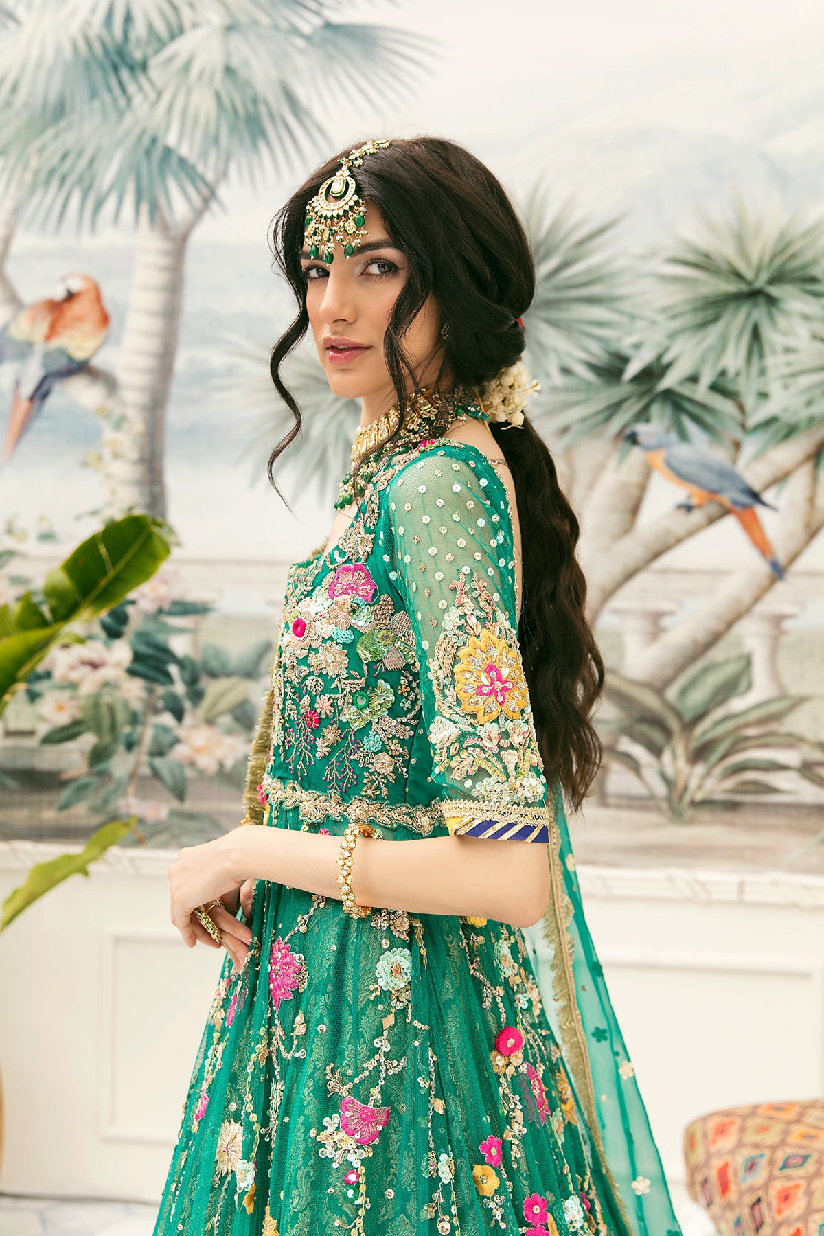 Emerald Green Embroidered Net Pishwas Dress (3-Piece) - Image 4