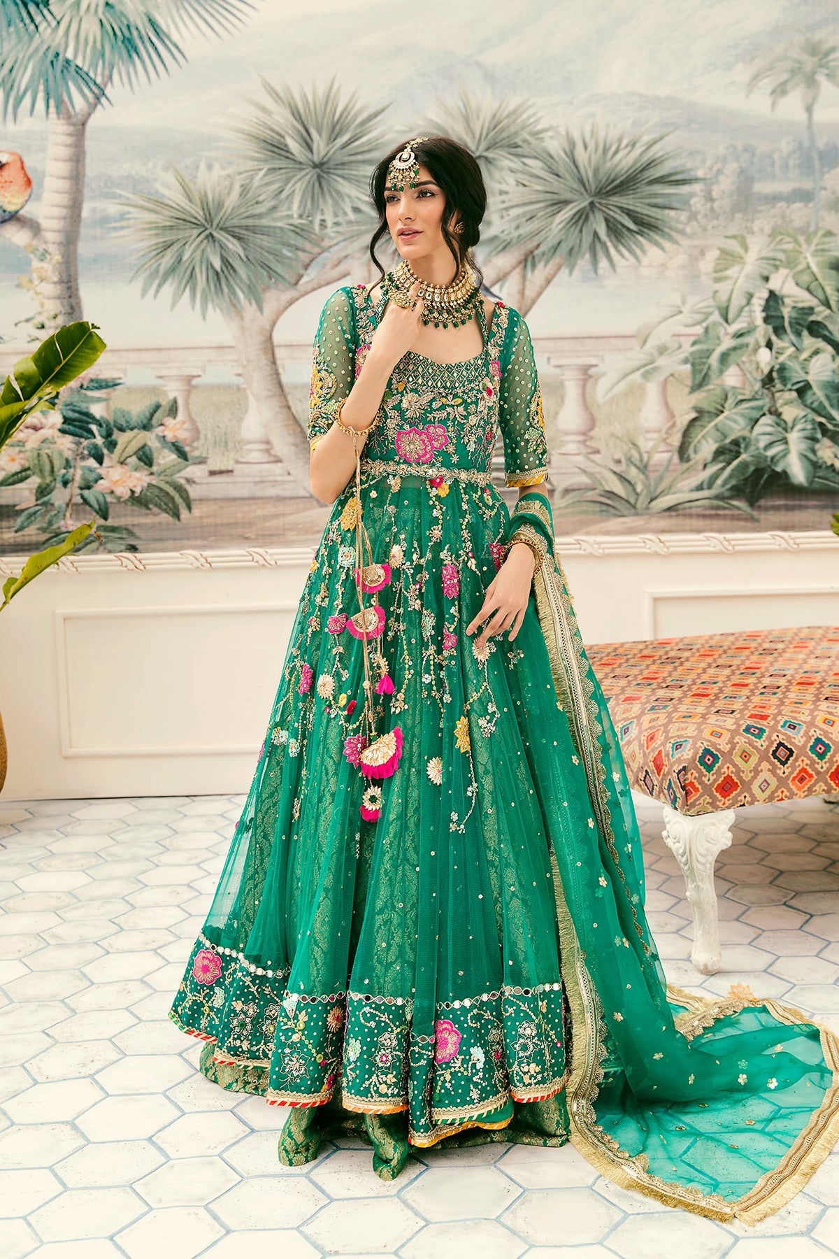 Emerald Green Embroidered Net Pishwas Dress (3-Piece) - Image 5