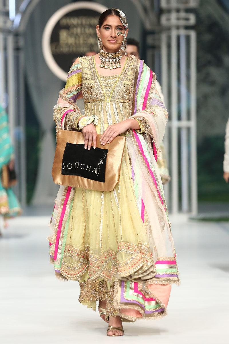 Pakistani Lime Hand-Embellished Net Pishwas Dress (3-Piece) - Image 5