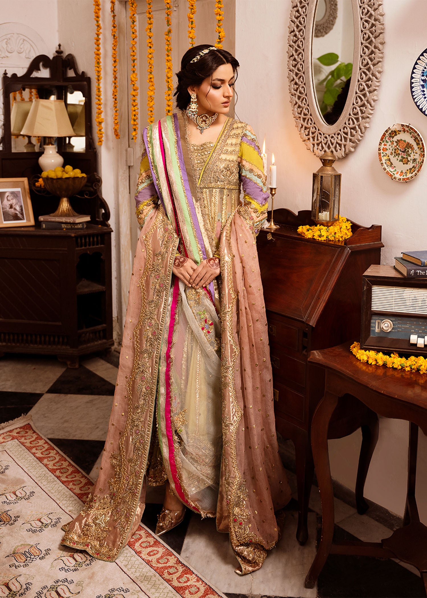 Pakistani Lime Embroidered Organza Pishwas Dress (3-Piece) - Image 1