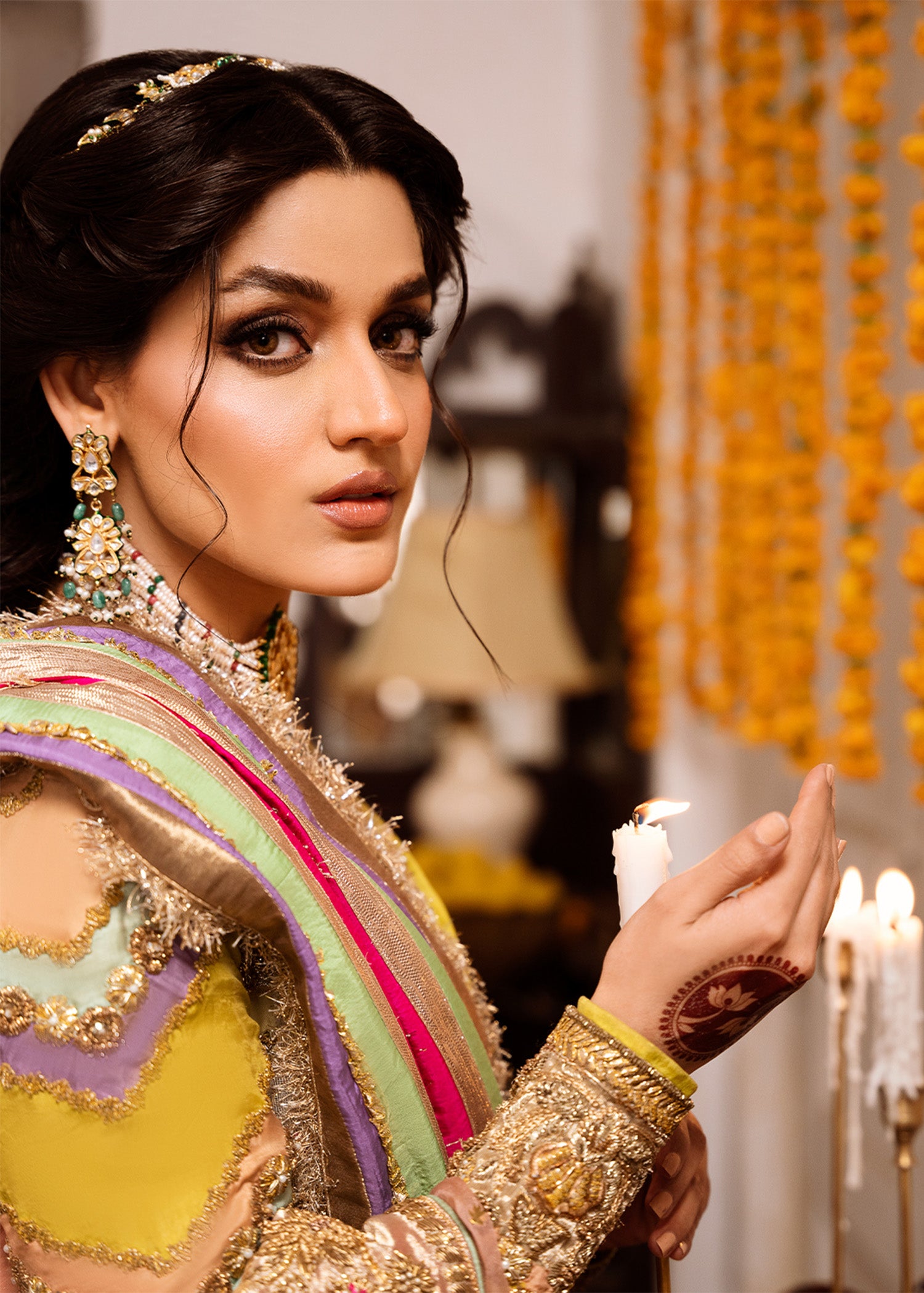 Pakistani Lime Embroidered Organza Pishwas Dress (3-Piece) - Image 2