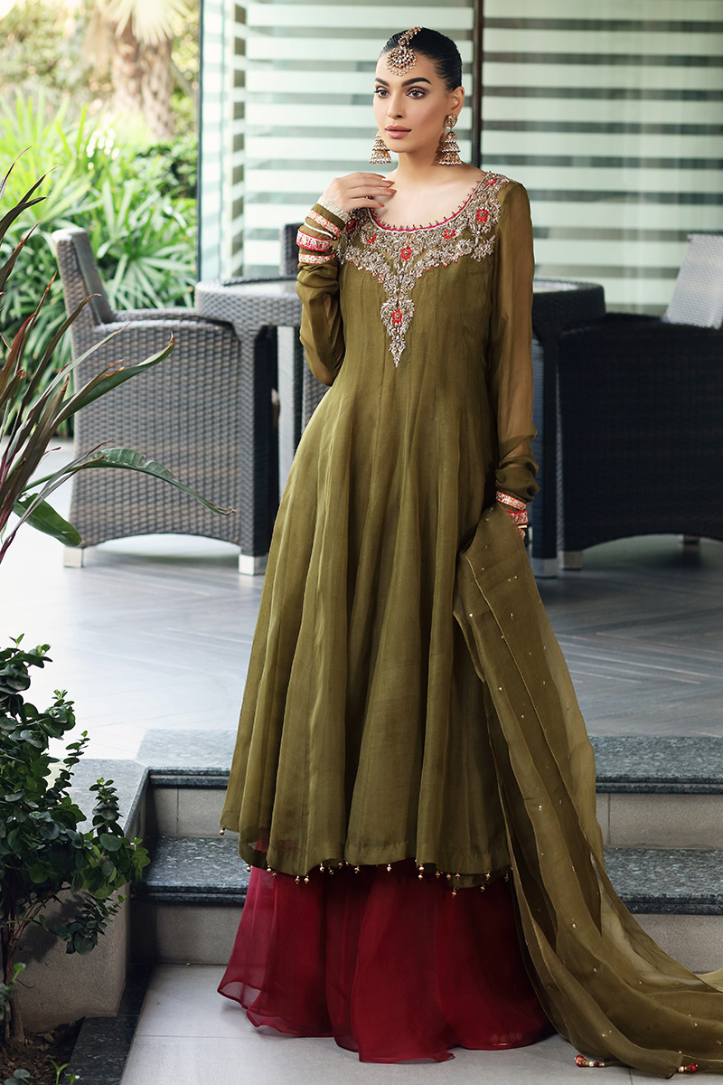 Mehndi Green Embroidered Organza Pishwas Dress (3-Piece) - Image 1