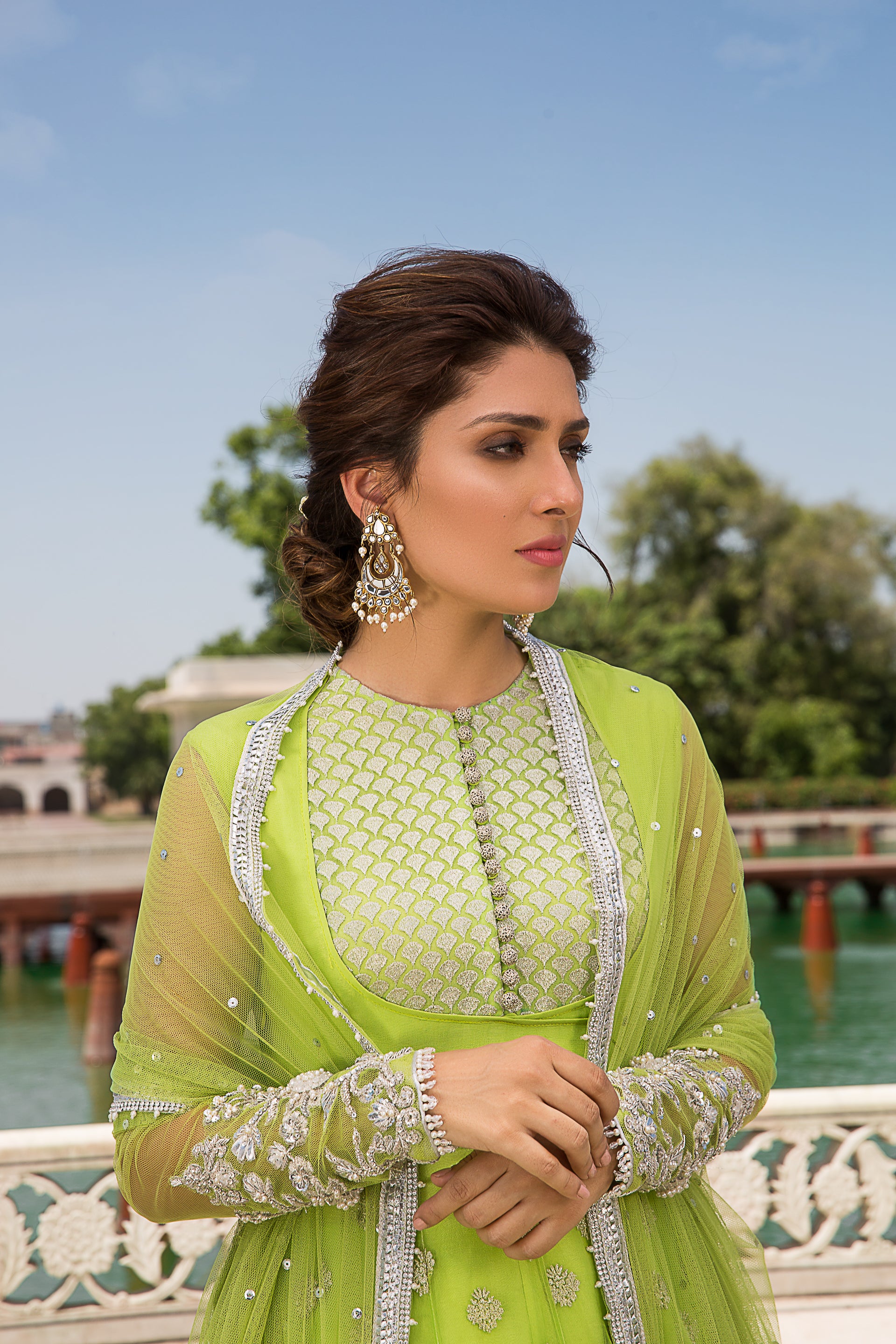 Lime Green Embroidered Organza Pishwas Dress (3-Piece) - Image 2