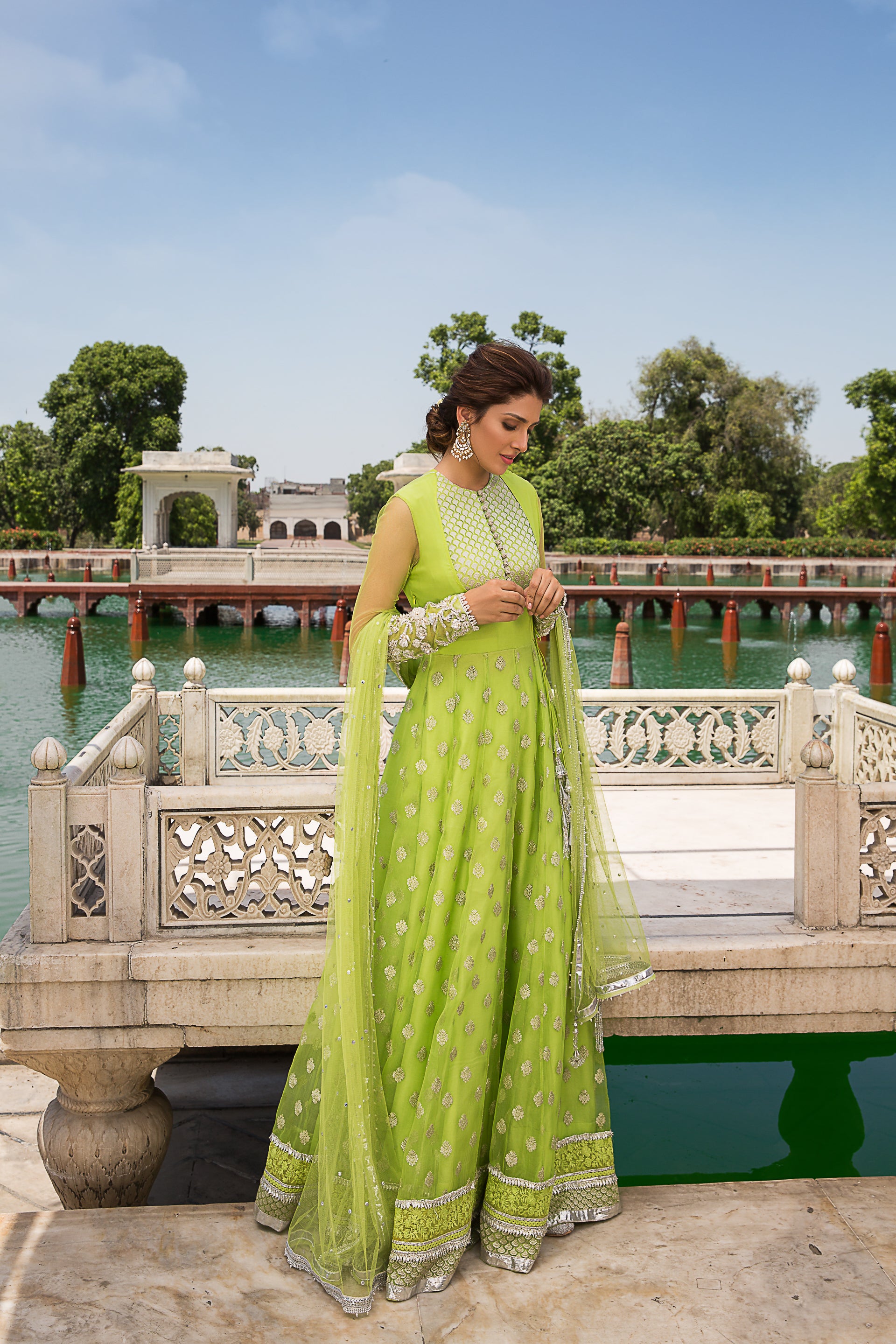 Lime Green Embroidered Organza Pishwas Dress (3-Piece) - Image 3