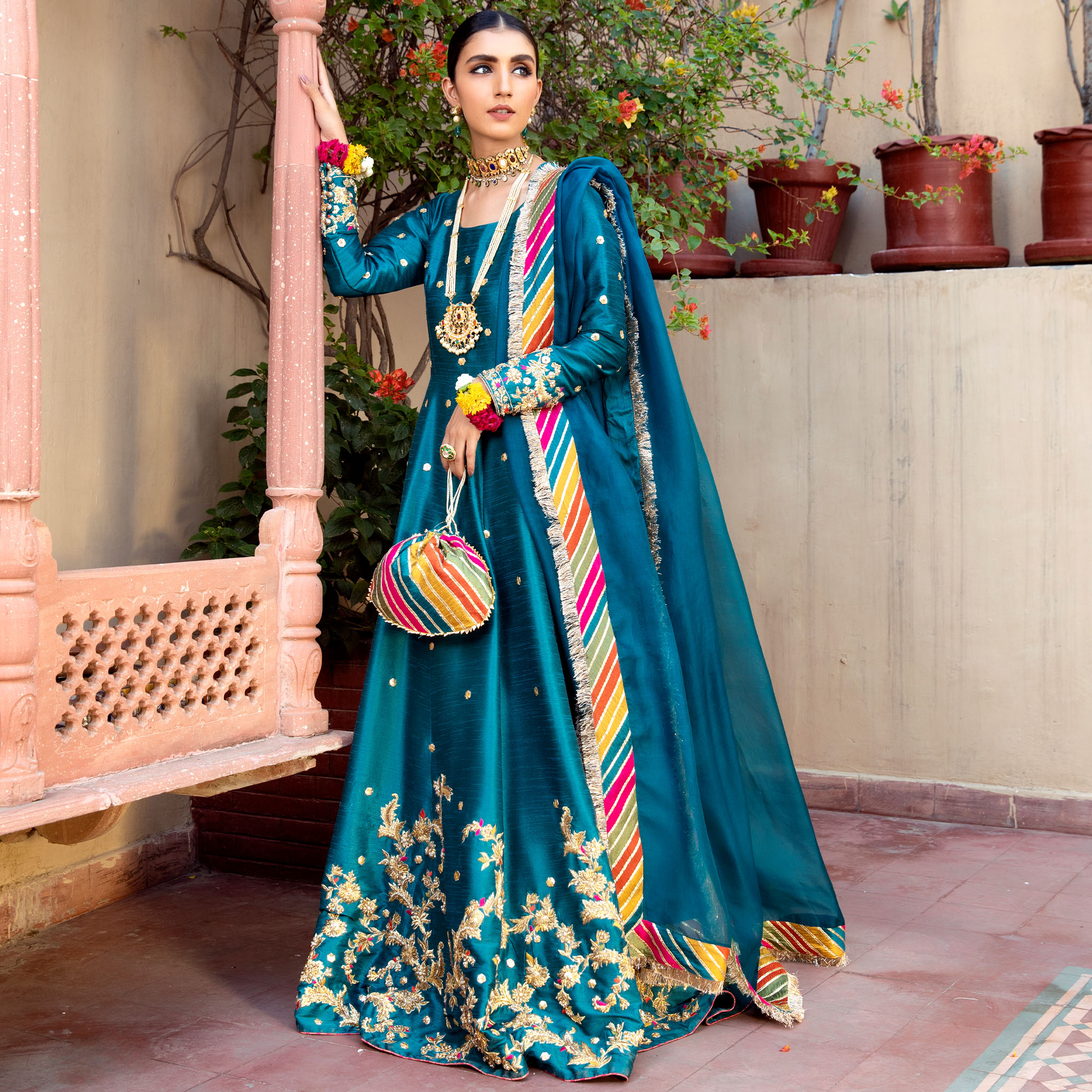 Pakistani Teal Green Embroidered Silk Pishwas Dress (3-Piece) - Image 1