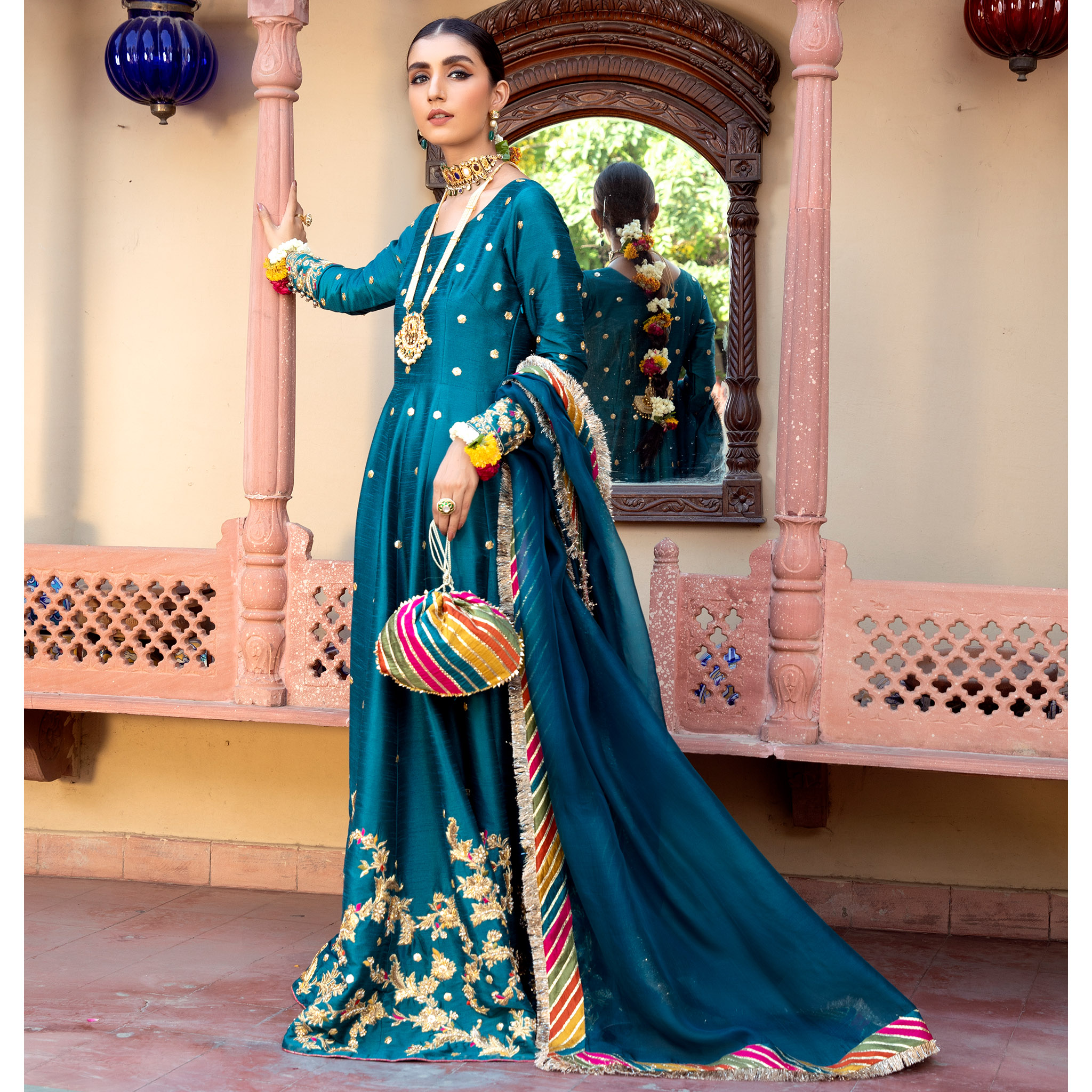 Pakistani Teal Green Embroidered Silk Pishwas Dress (3-Piece) - Image 2