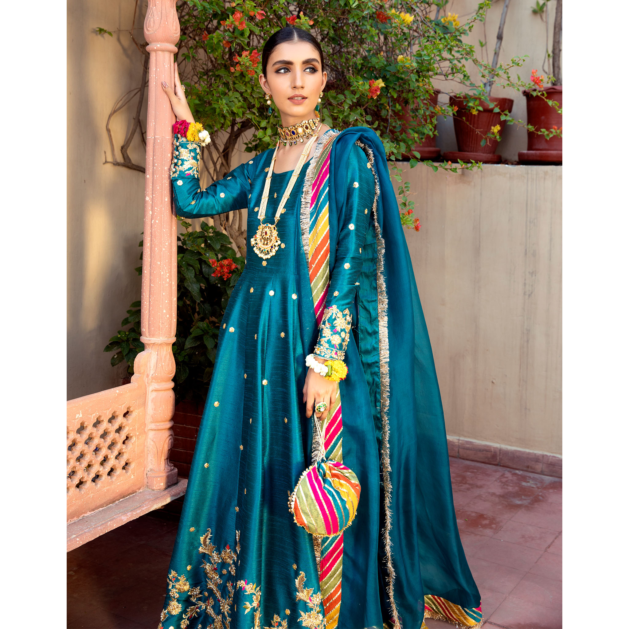 Pakistani Teal Green Embroidered Silk Pishwas Dress (3-Piece) - Image 3