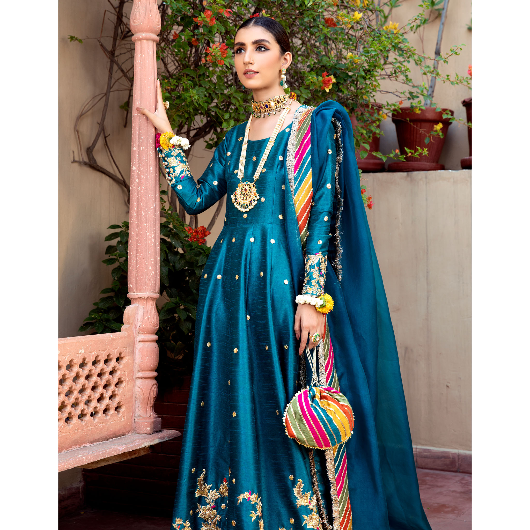 Pakistani Teal Green Embroidered Silk Pishwas Dress (3-Piece) - Image 4