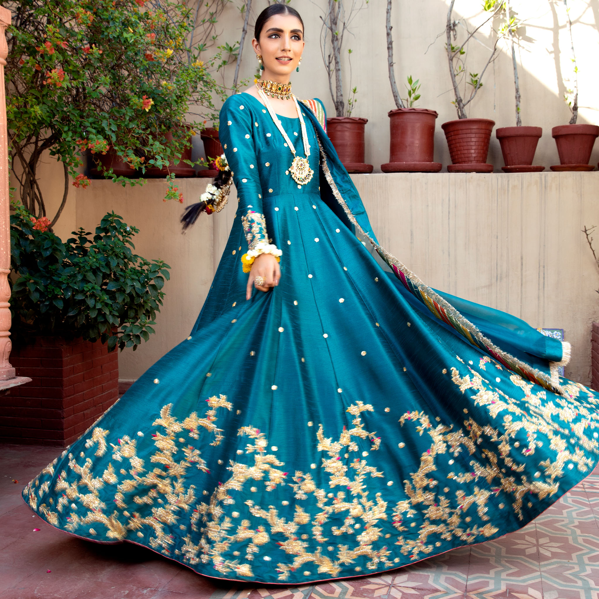Pakistani Teal Green Embroidered Silk Pishwas Dress (3-Piece) - Image 5