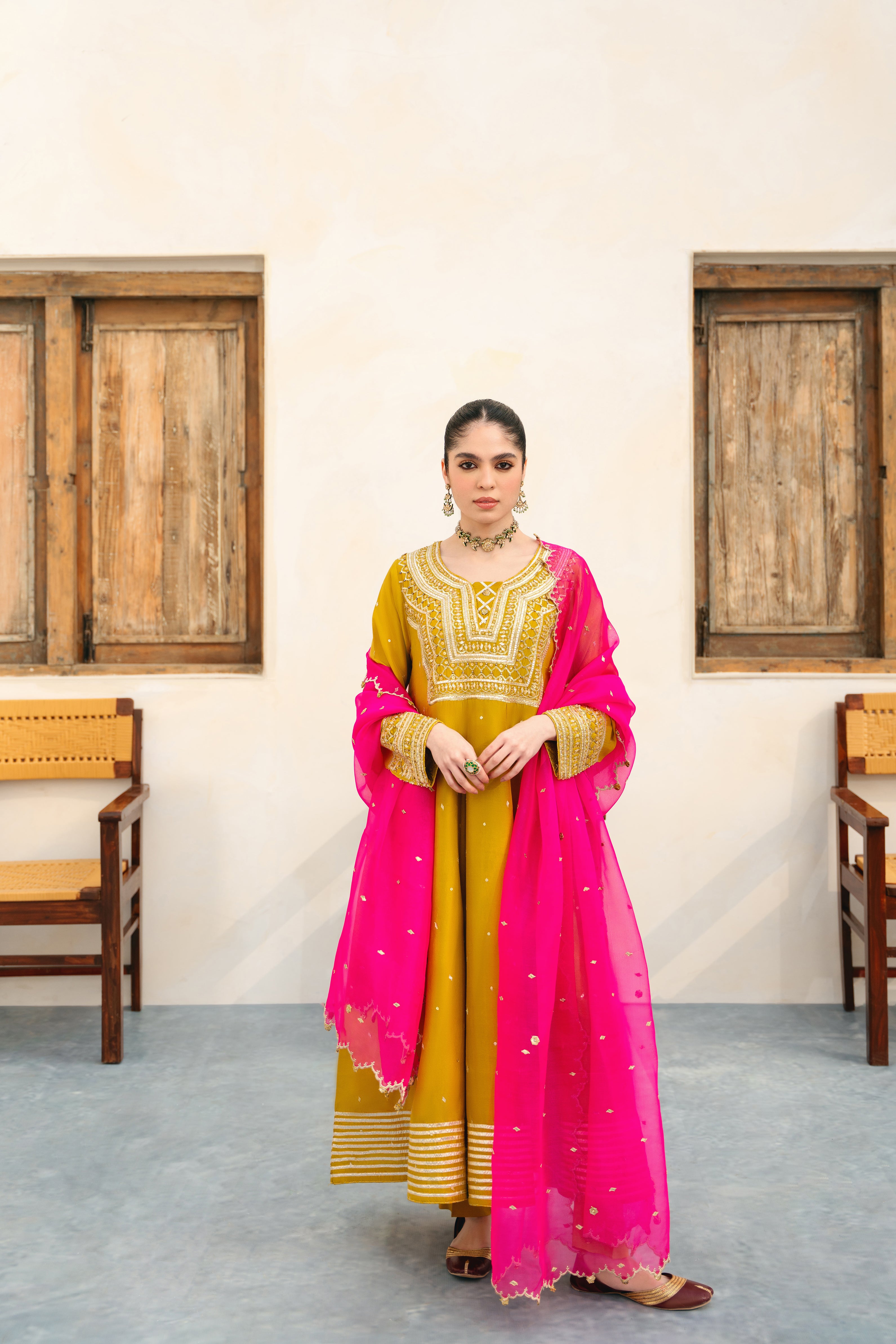 Pakistani Dhani Green Gota Embroidered Raw Silk Pishwas (3-Piece) - Image 1