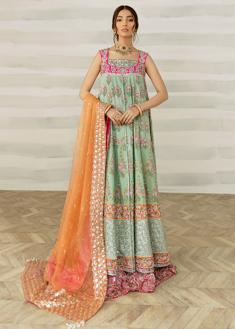 Pakistani Mint Green Embroidered Raw Silk Pishwas (2-Piece) - Image 1