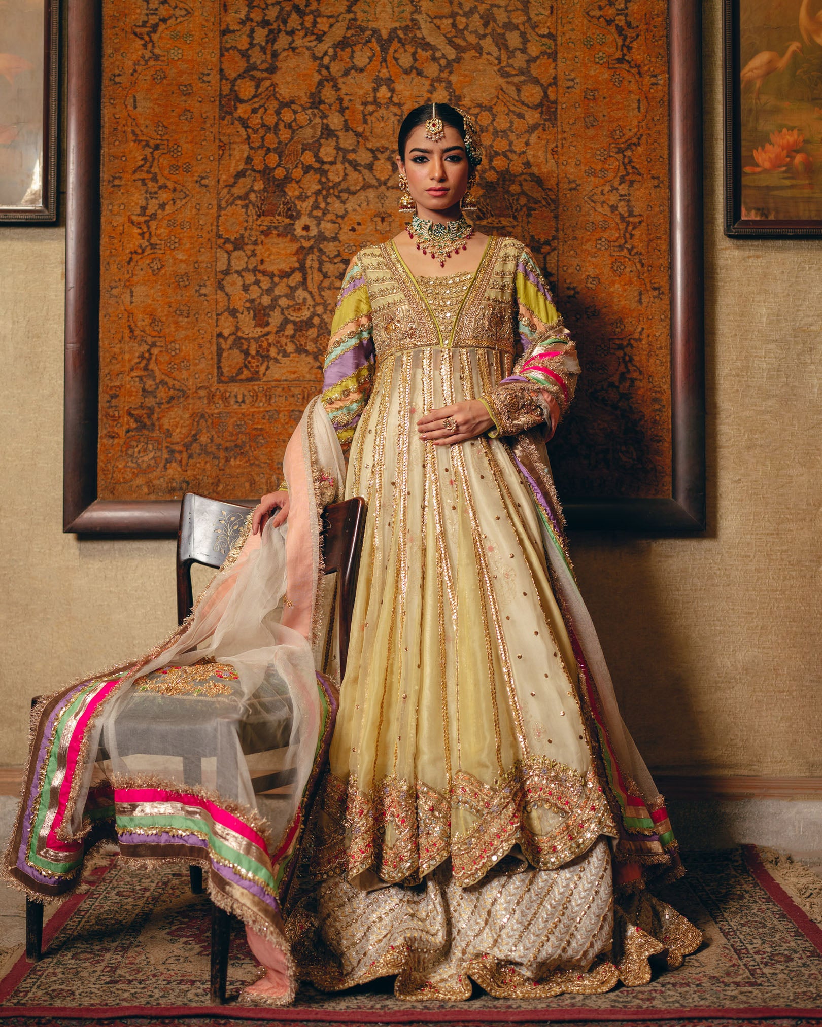 Pakistani Lime Embellished Net Silk Pishwas Dress (3-Piece) - Image 1