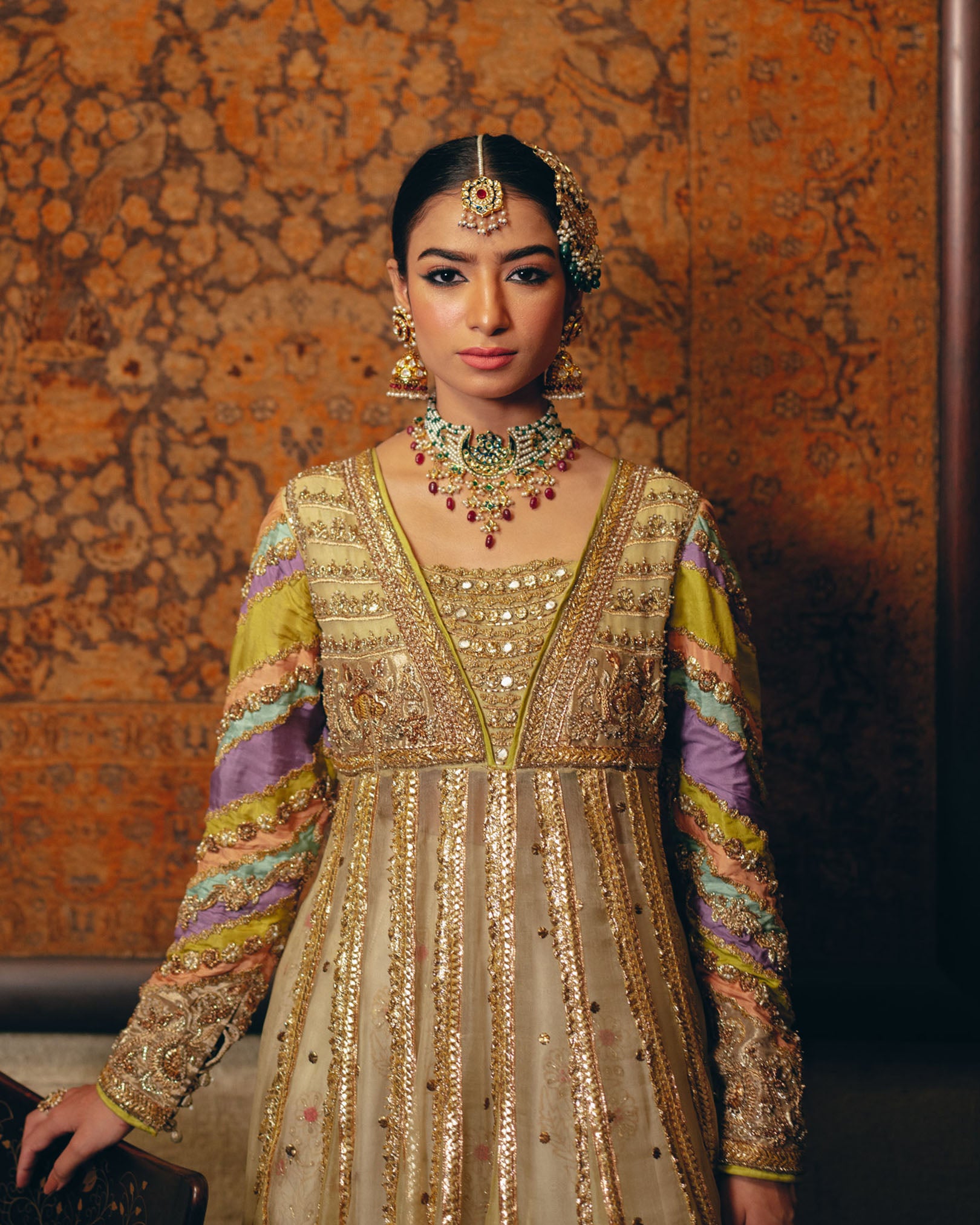 Pakistani Lime Embellished Net Silk Pishwas Dress (3-Piece) - Image 2