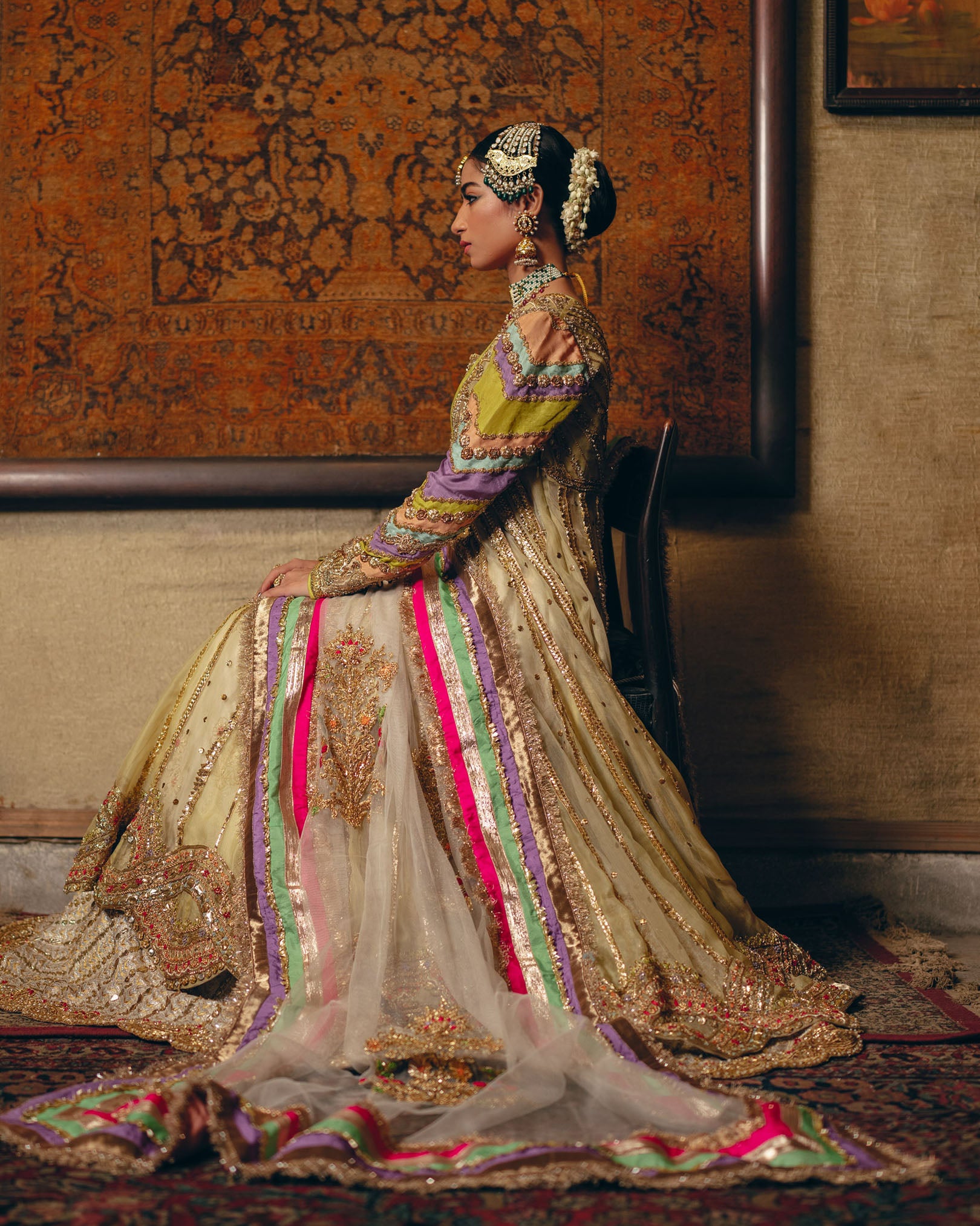 Pakistani Lime Embellished Net Silk Pishwas Dress (3-Piece) - Image 3