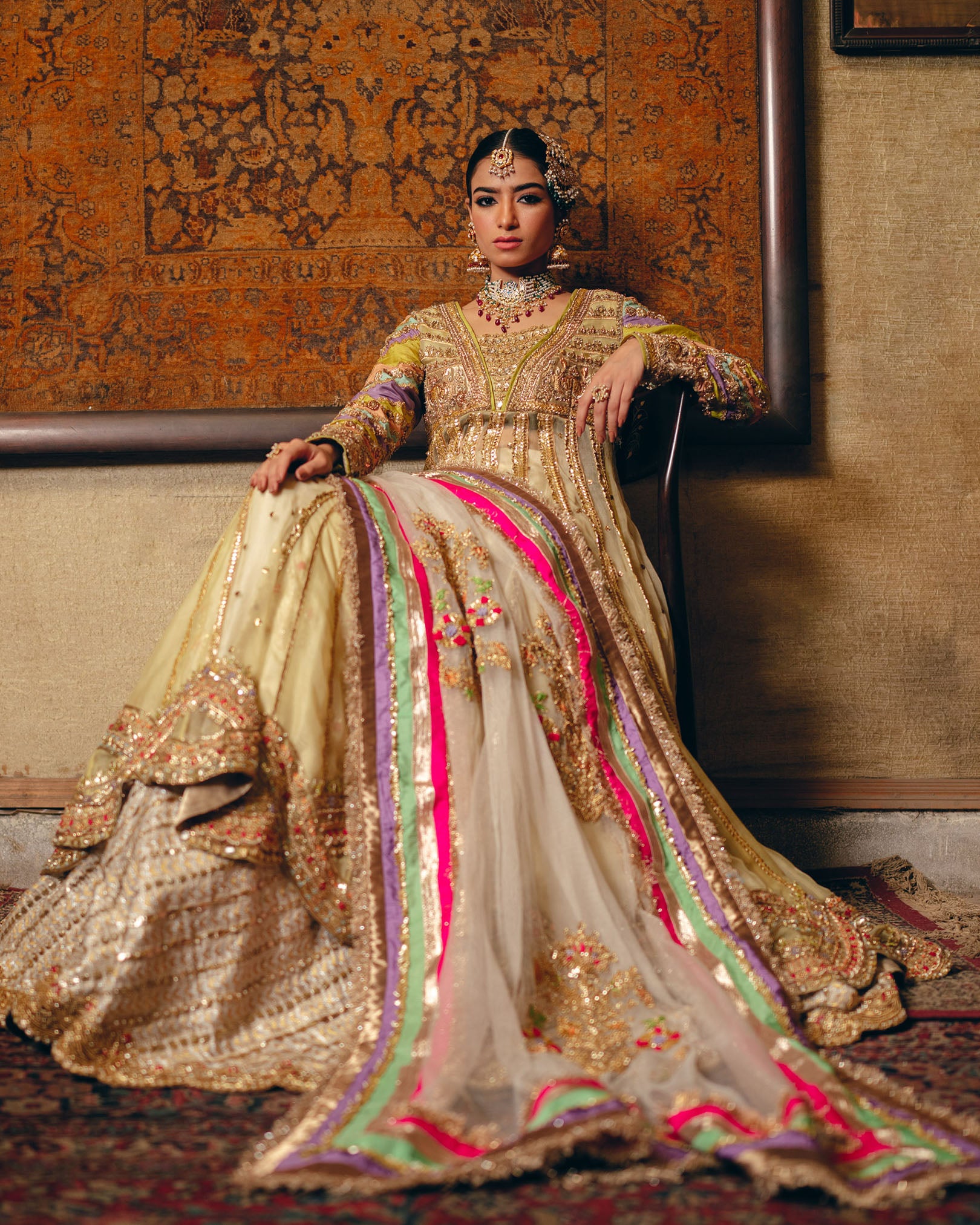 Pakistani Lime Embellished Net Silk Pishwas Dress (3-Piece) - Image 4