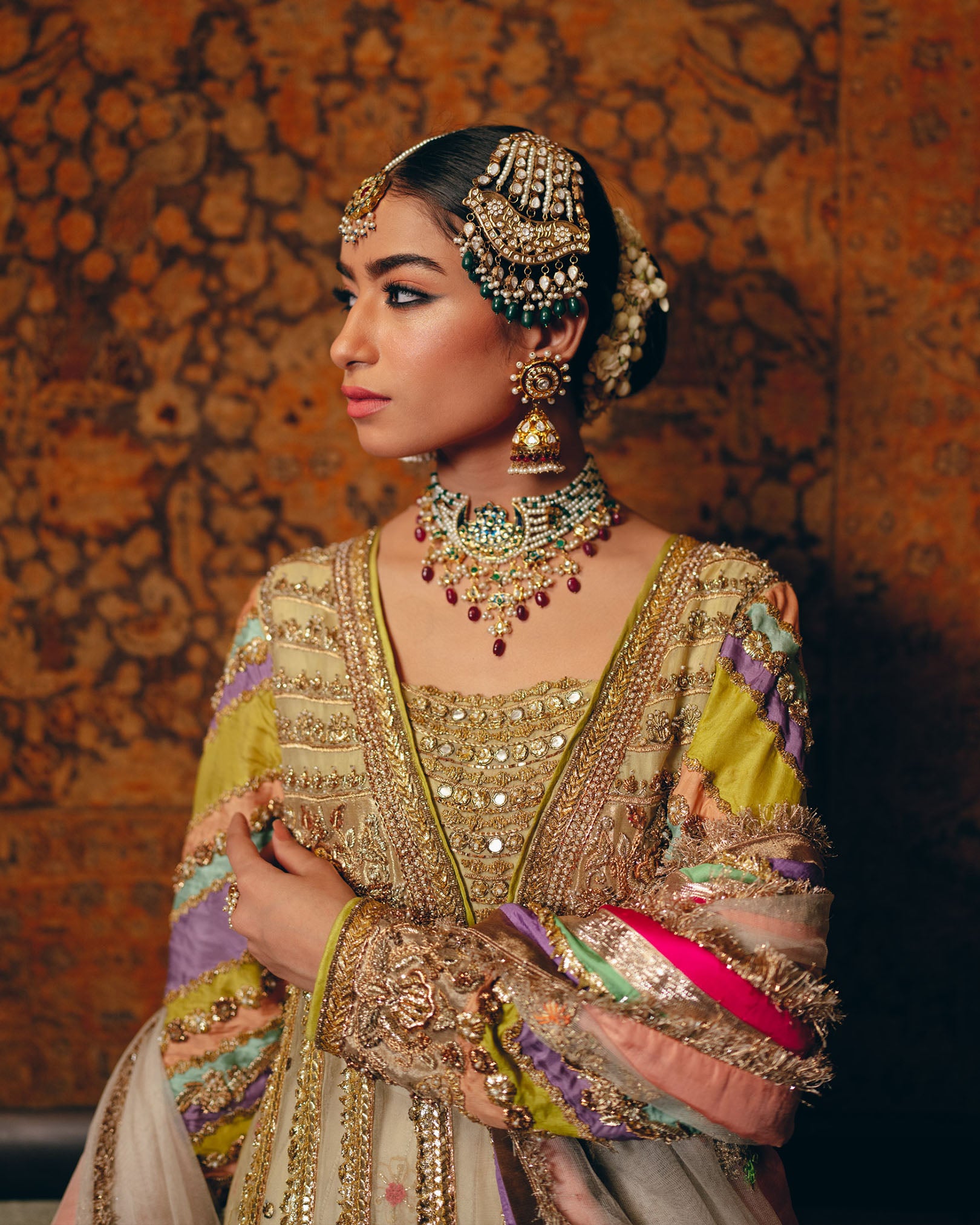 Pakistani Lime Embellished Net Silk Pishwas Dress (3-Piece) - Image 6