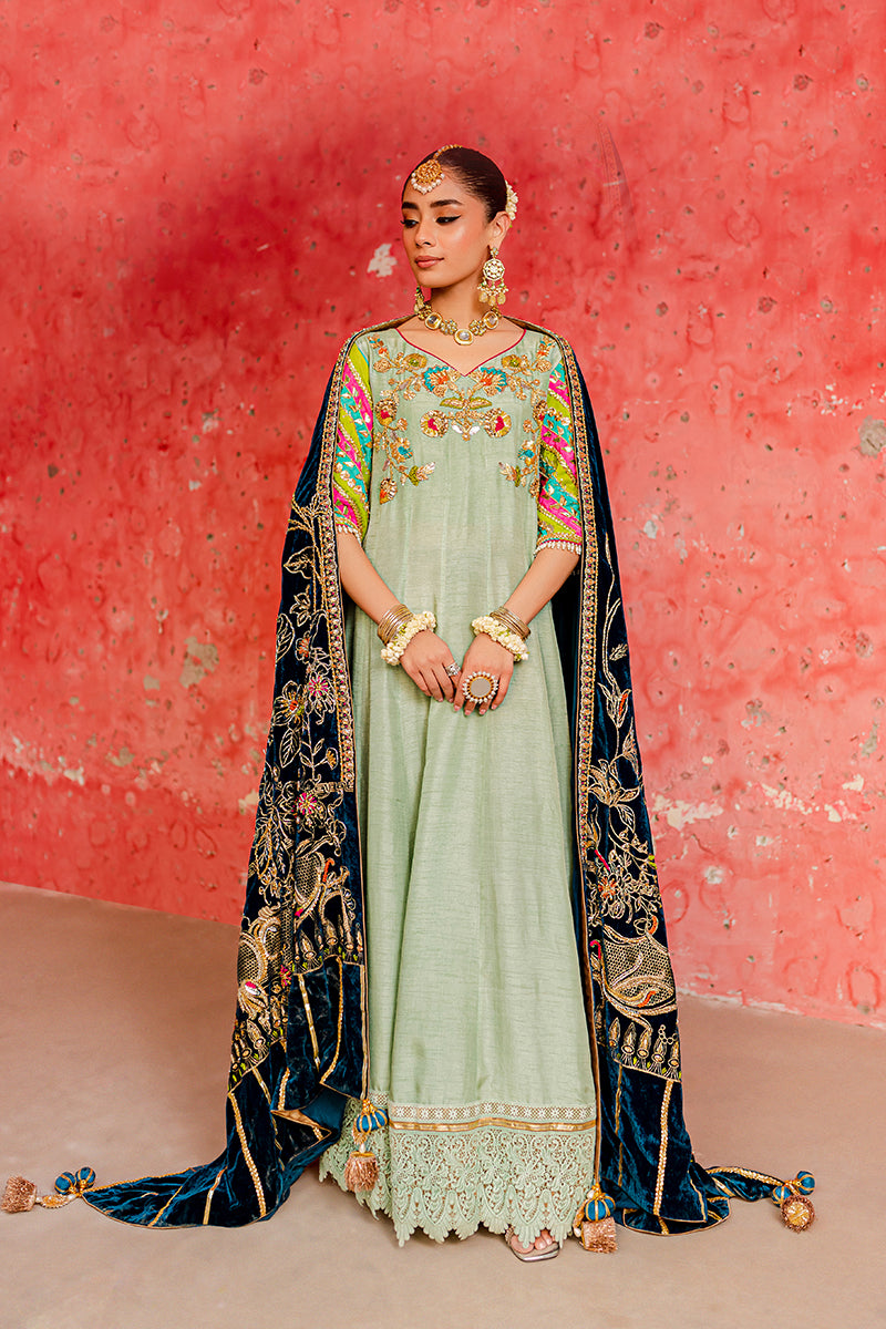 Pakistani Sage Green Embroidered Silk Pishwas Dress (2-Piece) - Image 1