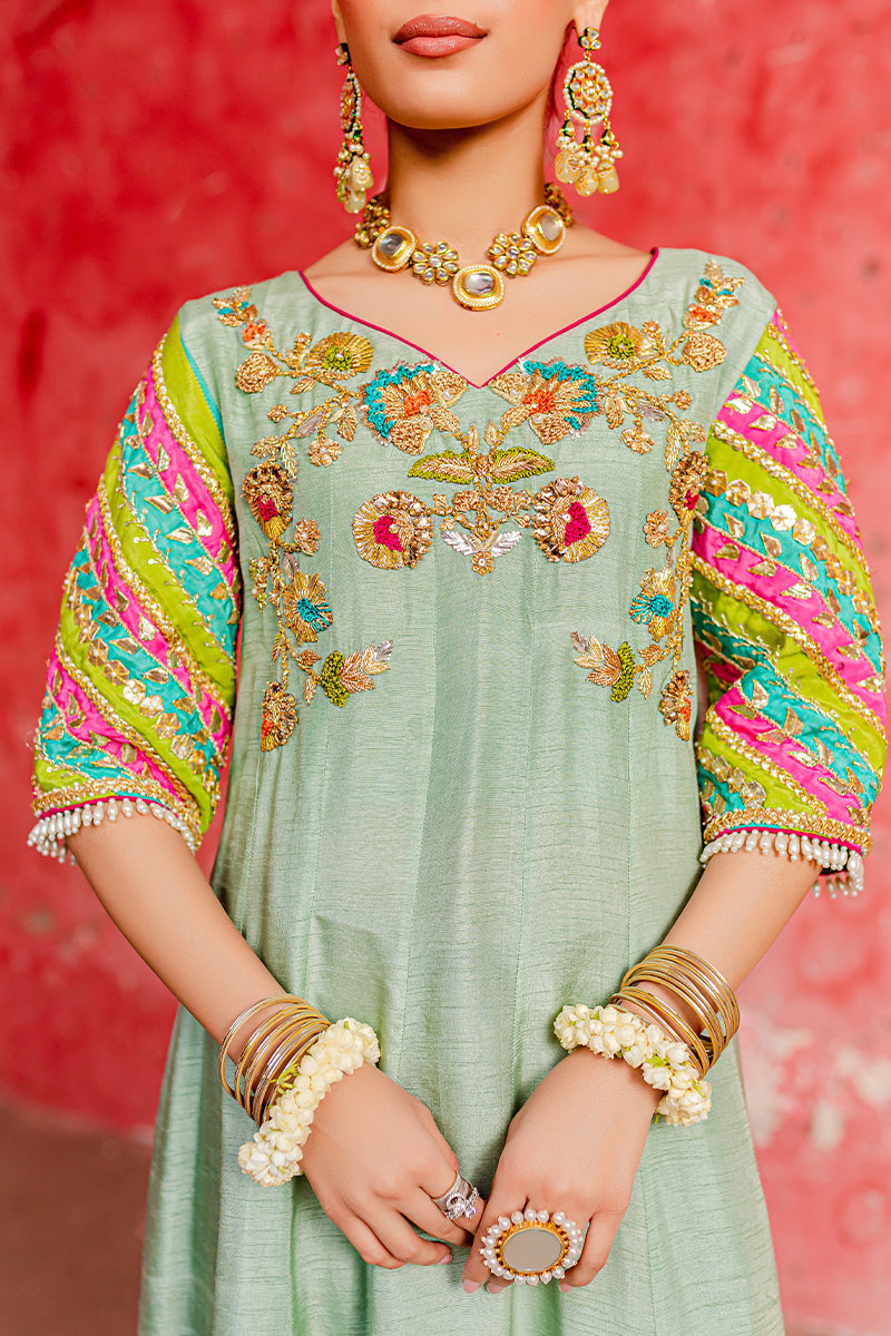 Pakistani Sage Green Embroidered Silk Pishwas Dress (2-Piece) - Image 5