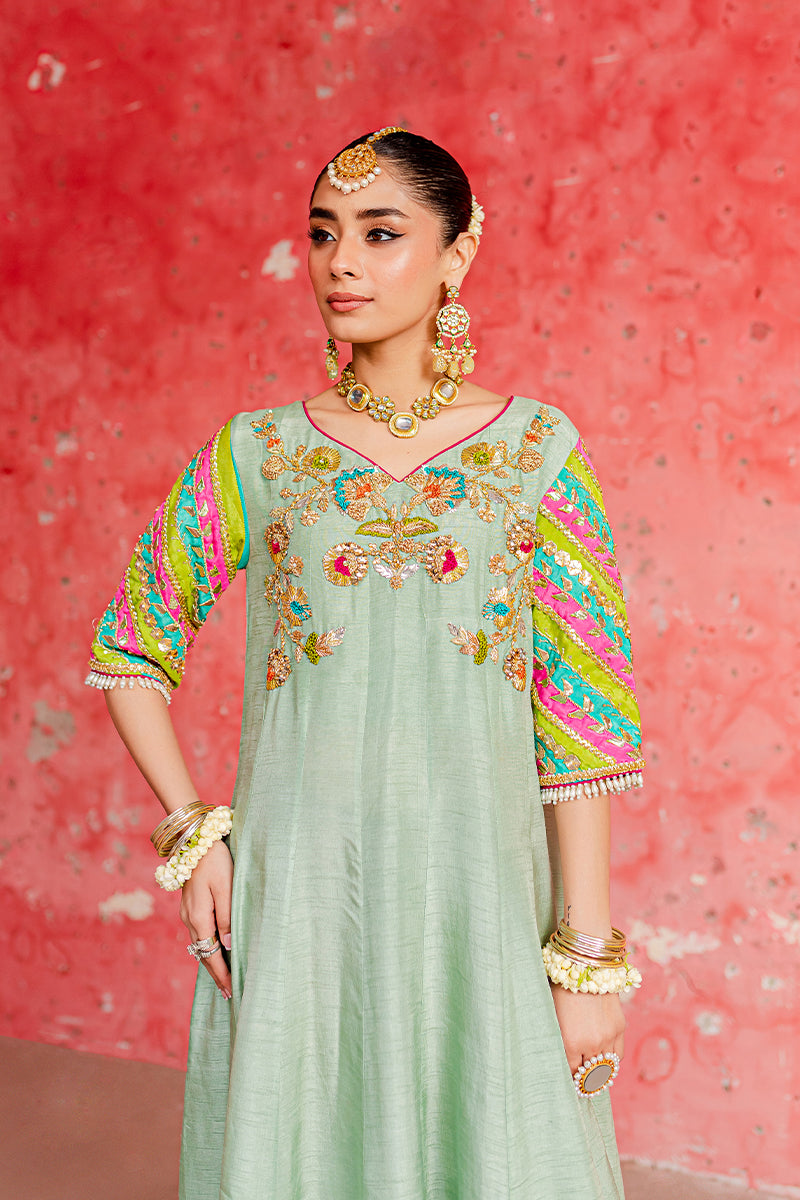 Pakistani Sage Green Embroidered Silk Pishwas Dress (2-Piece) - Image 6