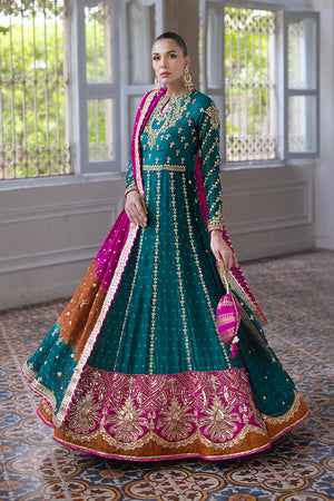 Emerald Green Marori Silk Net Pishwas (3-Piece) - Image 3